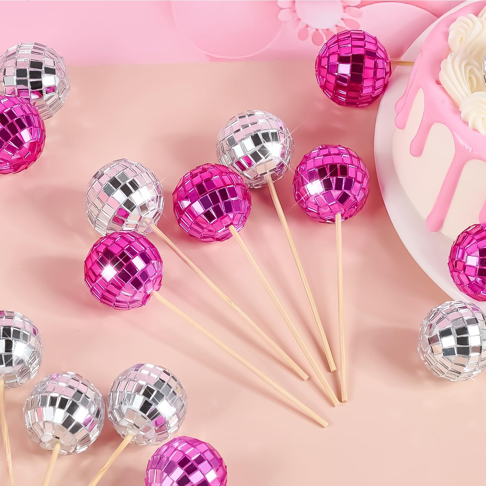 JOERSH 24pcs Disco Ball Cupcake Toppers, 1970s Disco Theme Cake Decorations, Pink and Silver, Crystal Glass, Foam, Bamboo