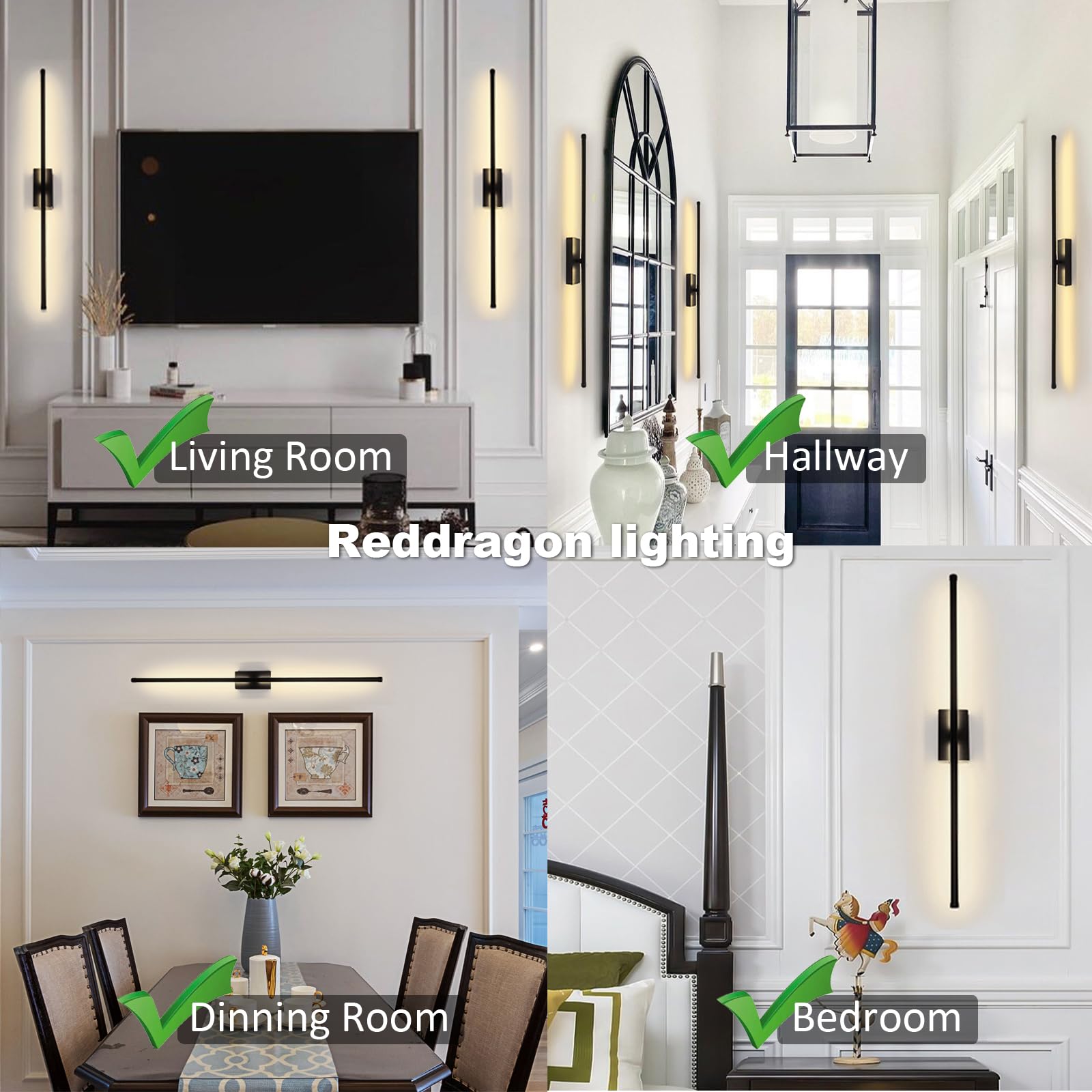 Reddragon Lighting 32" Hardwired Dimmable Black Tube Wall Sconce Set of 2 for Bathroom, Bedroom, Living Room, Hallway