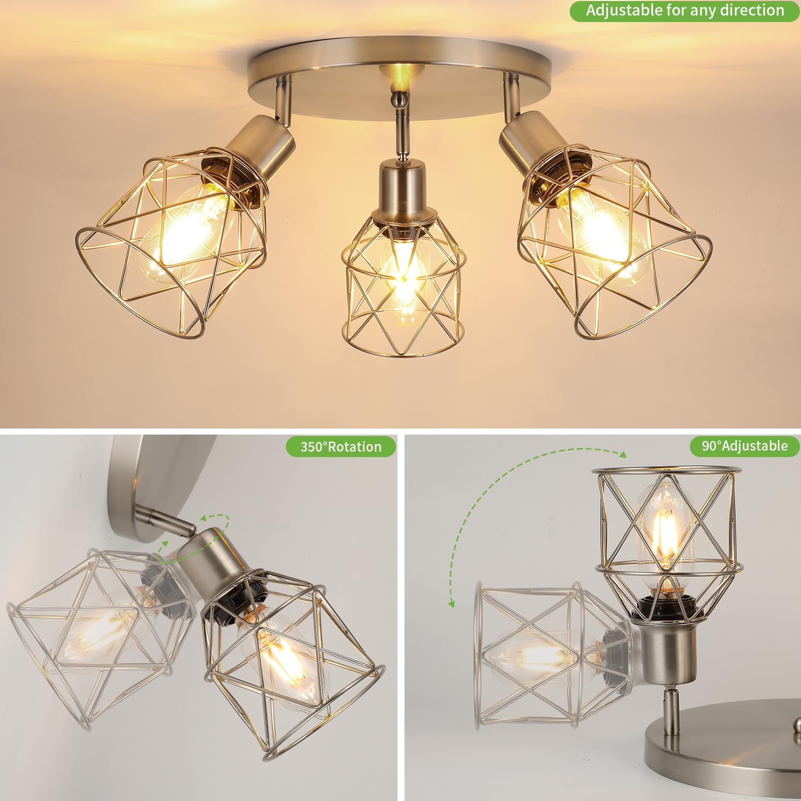 Wilon Semi Flush Mount Ceiling Light 3-Light Brushed Nickel Close To Ceiling Light Fixtures, Kitchen Light Fixtures Ceiling Mount E26 Base Multi-Directional Ceiling Lamp Modern Hallway Light Fixtures