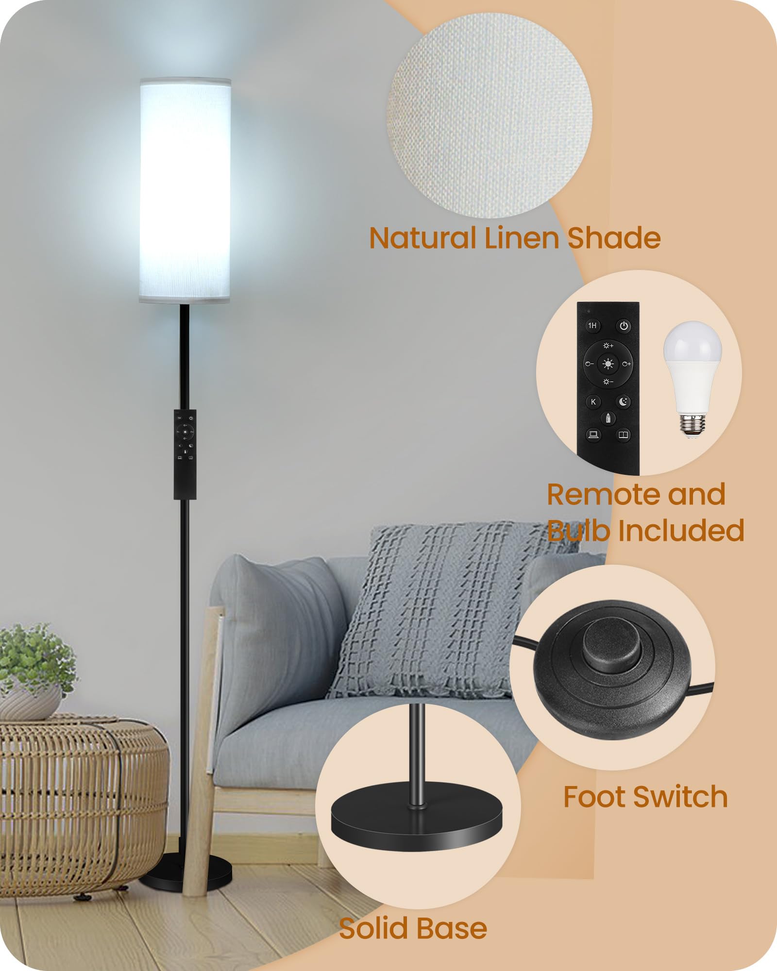 GOEBLESON Dimmable Floor Lamp with Remote & Foot Switch, 10W, 900LM, Linen Shade, Pure White, CW06LD05 Model