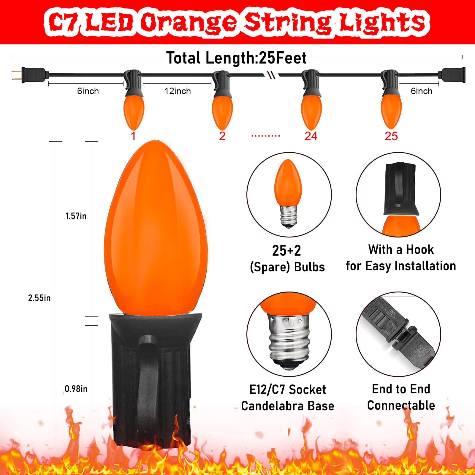 SUNSGNE C7 LED String Lights, 25FT, 27 Orange Lights, Black Wire, Outdoor Halloween Decorations