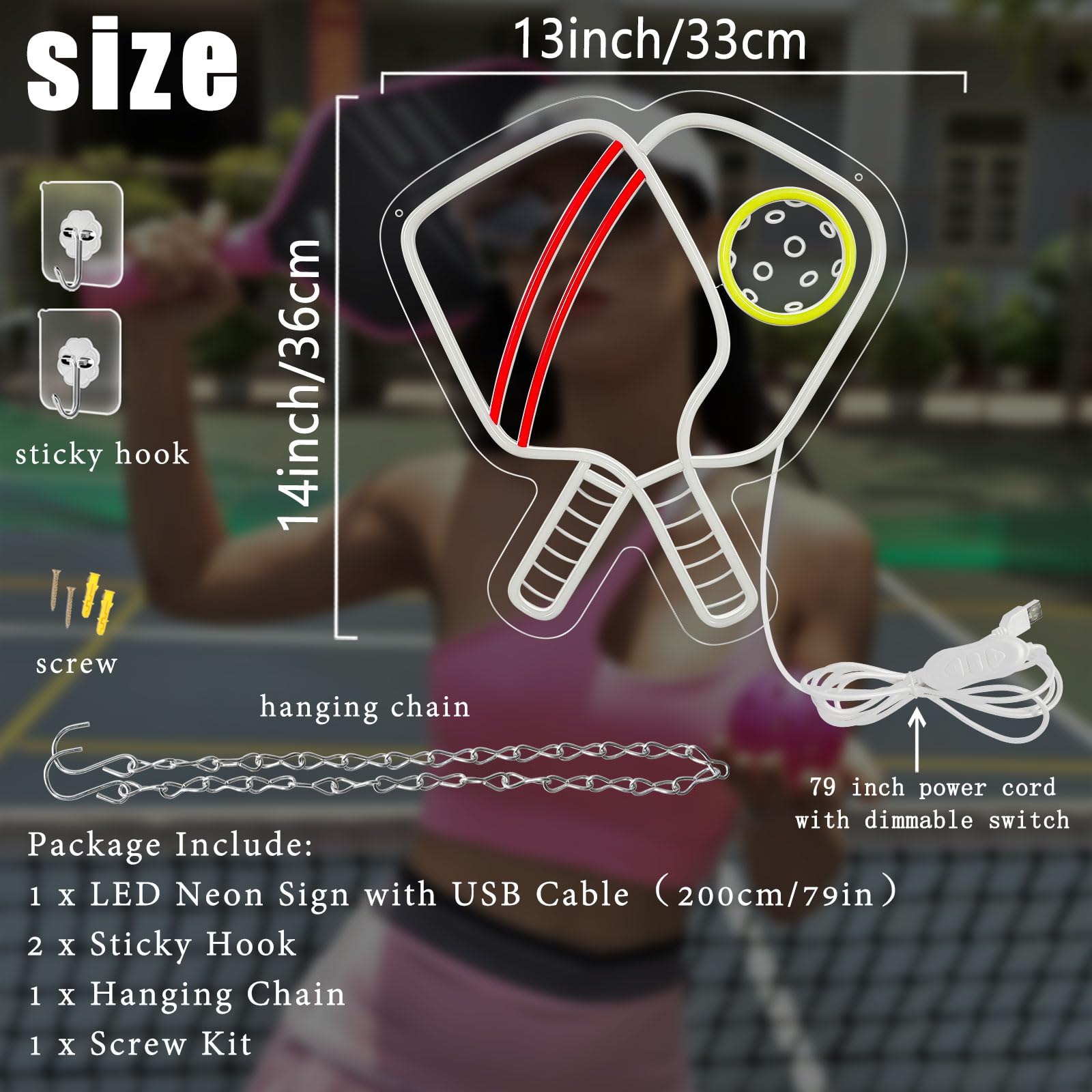 Nen Sign Pickleball Neon Wall Decor LED Light - 13inx14in - Sports Themed - Ideal for Bedroom, Living Room, Playroom, Gifts for Pickleball Lovers