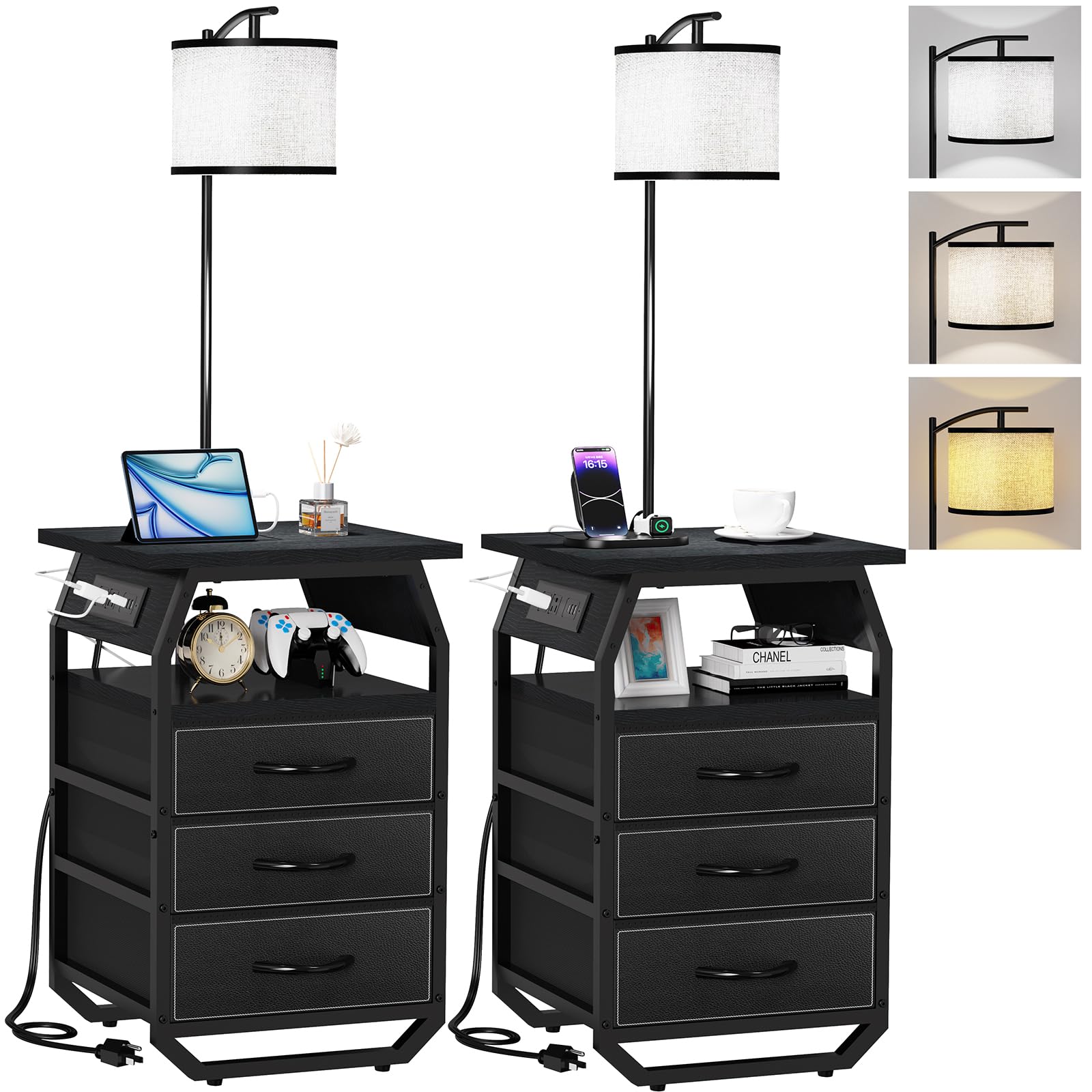 runjuly Floor Lamp with Table Set of 2, Night Stand with Lamp Attached 3-Color Temperature Bulb, End Table Lamp with 3 Drawers &