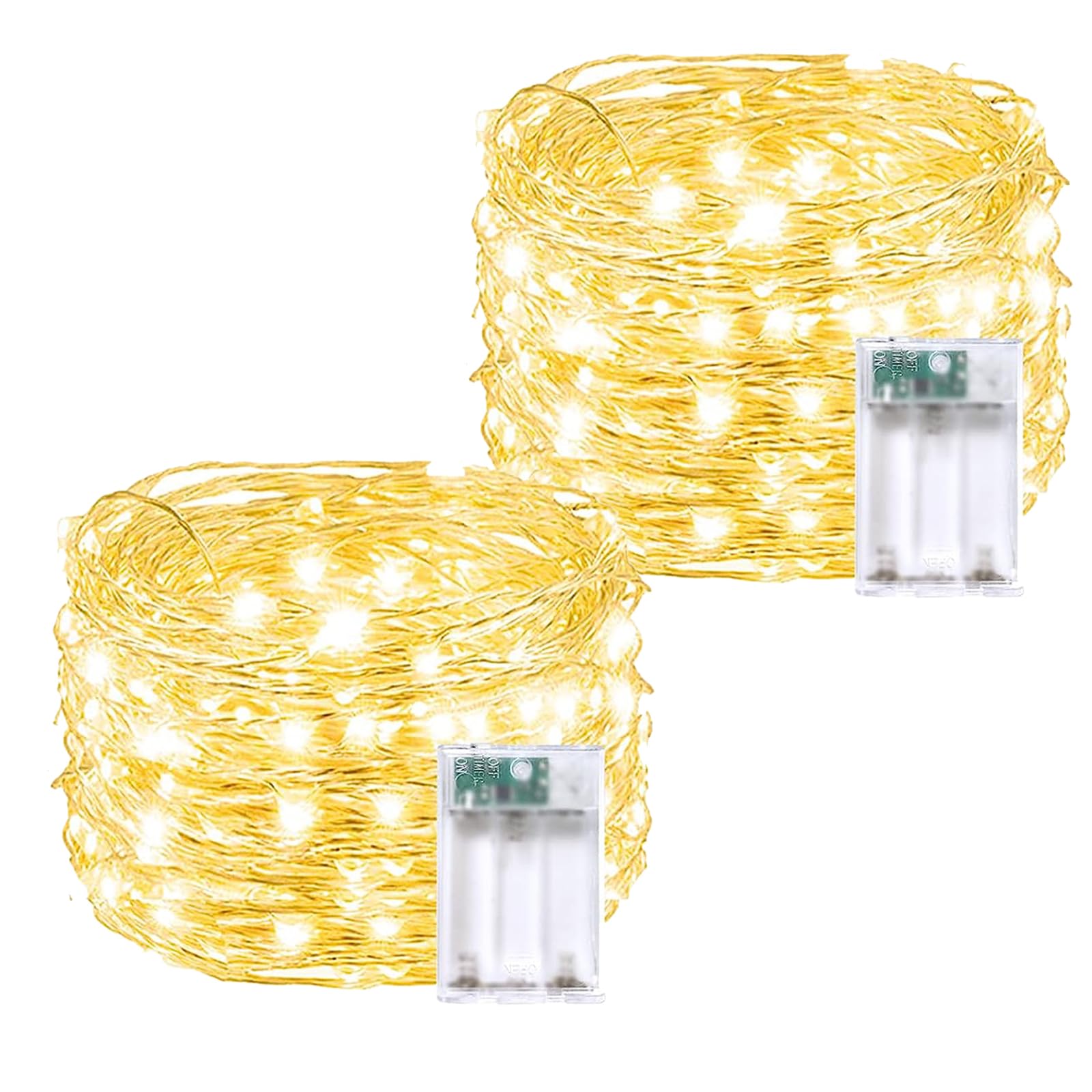 BOSSERN 2 Pack Fairy Lights 60LED Battery Operated, Waterproof, Timer, Warm White, DCHD-02-WarmWhite