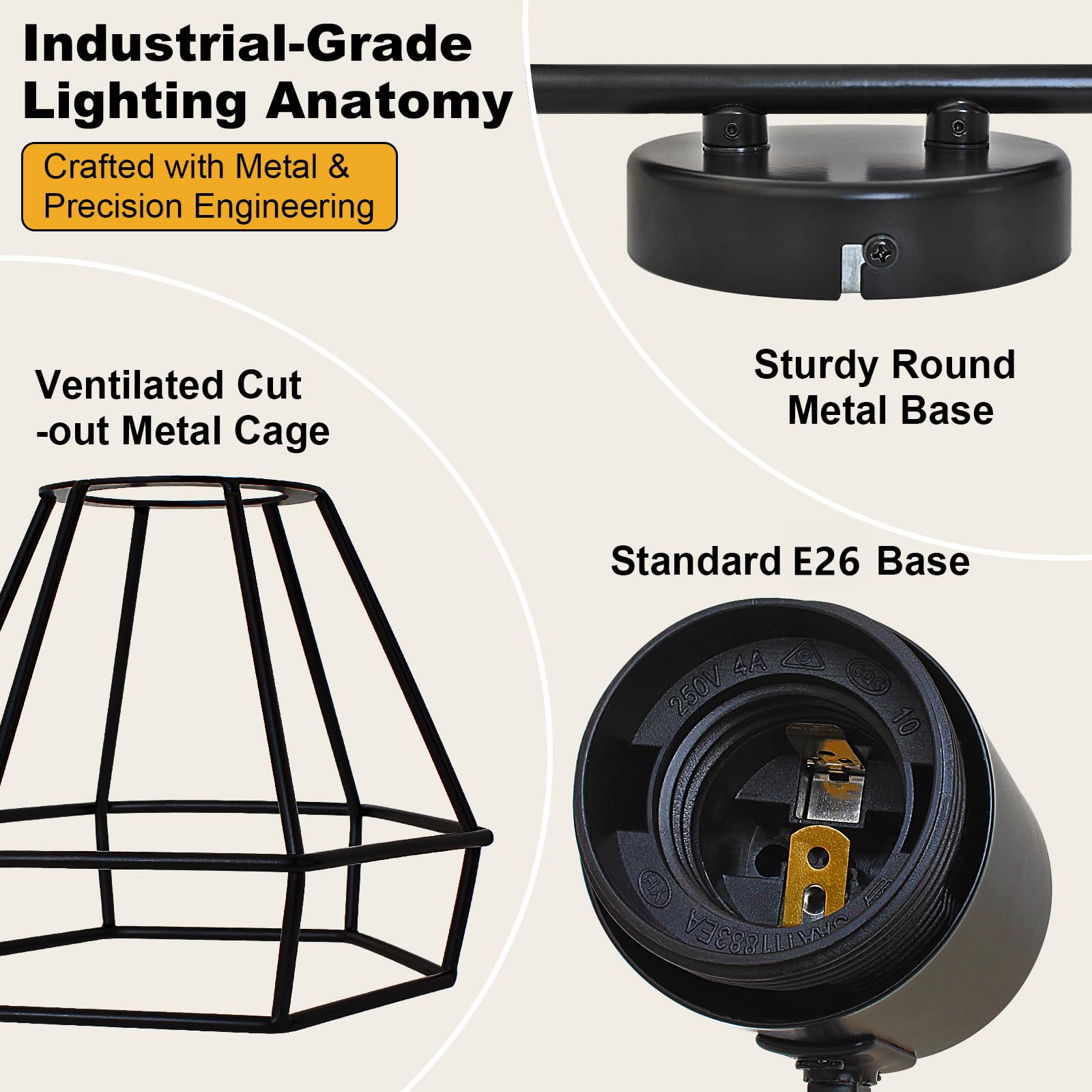Hibay 4-Light Track Lighting Farmhouse  Industrial Directional Ceiling Track Light Fixtures  Black Geometric Cage Spotlight Indoor For Kitchen  Bedroom  Hallway  E26 Base (Bulbs Not Included)