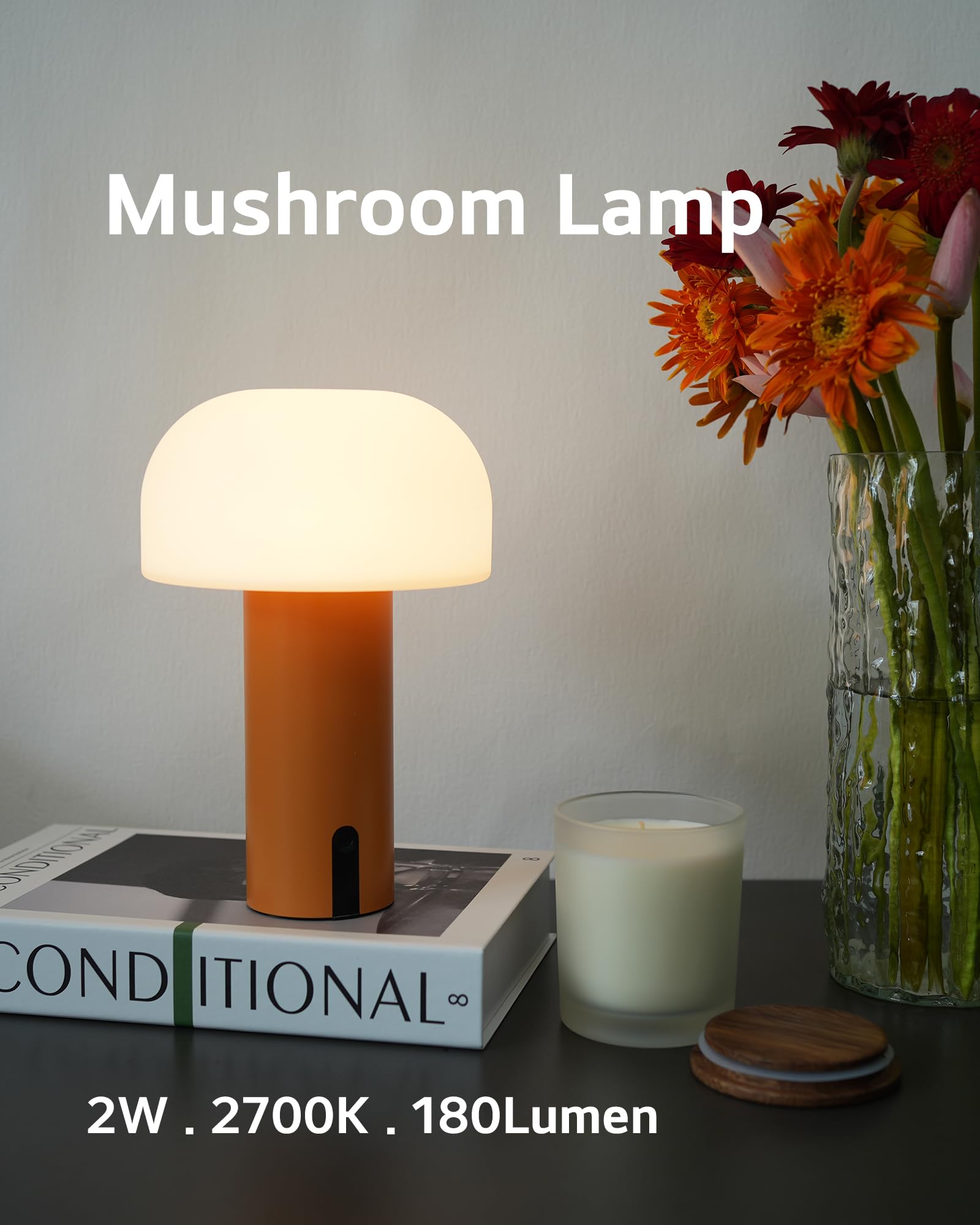 Ilovinit Rechargeable Outdoor Mushroom Table Lamp - Waterproof, Portable, Touch Dimming, Orange