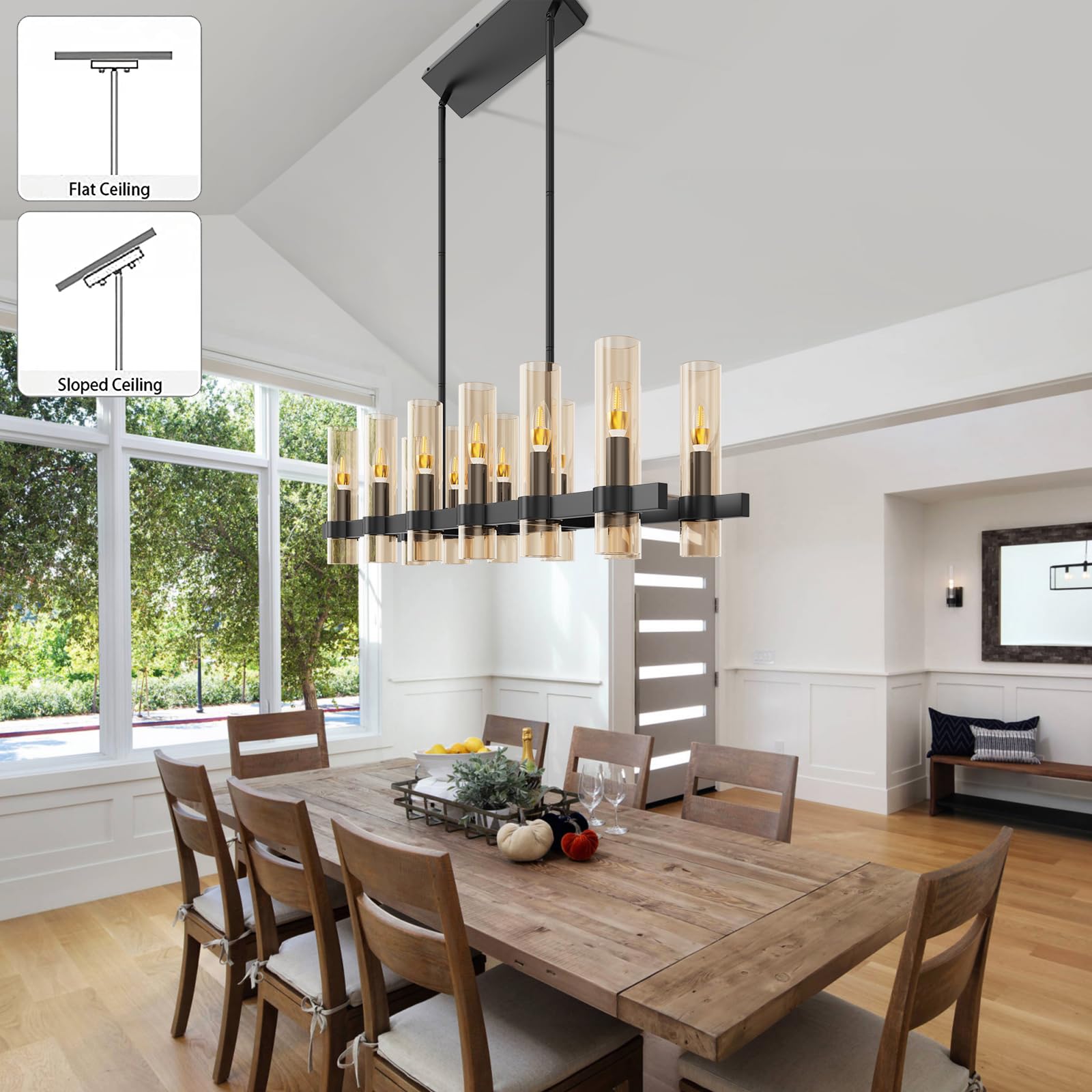 JKLX Modern Black Rectangle Chandelier, 12 Lights, Amber Glass, 48” Adjustable Height, Large Dining Room Light Fixture