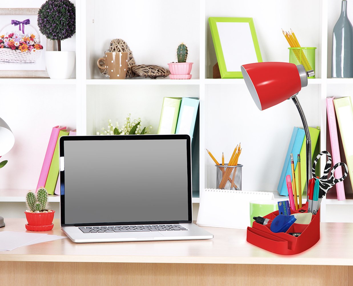 Simple Designs Ld1056-Red Gooseneck Organizer Desk Lamp With Ipad/Tablet Stand Or Book Holder And Usb Port, Red