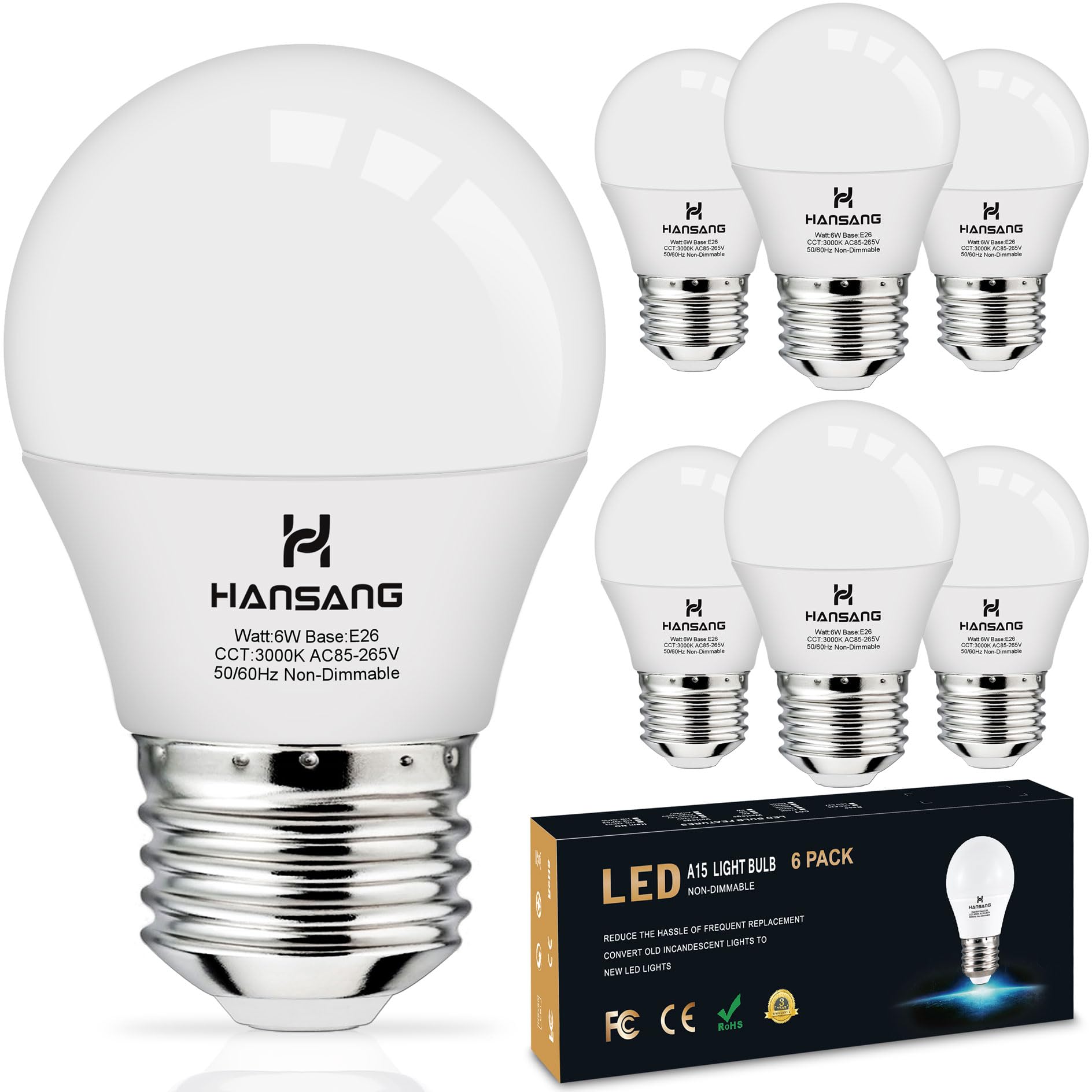 Hansang E26 Appliance Light Bulb, 3000K Soft White, 60 Watt Equivalent Small Light Bulb, E26 Led Bulb For Ceiling Fan, A15 Light