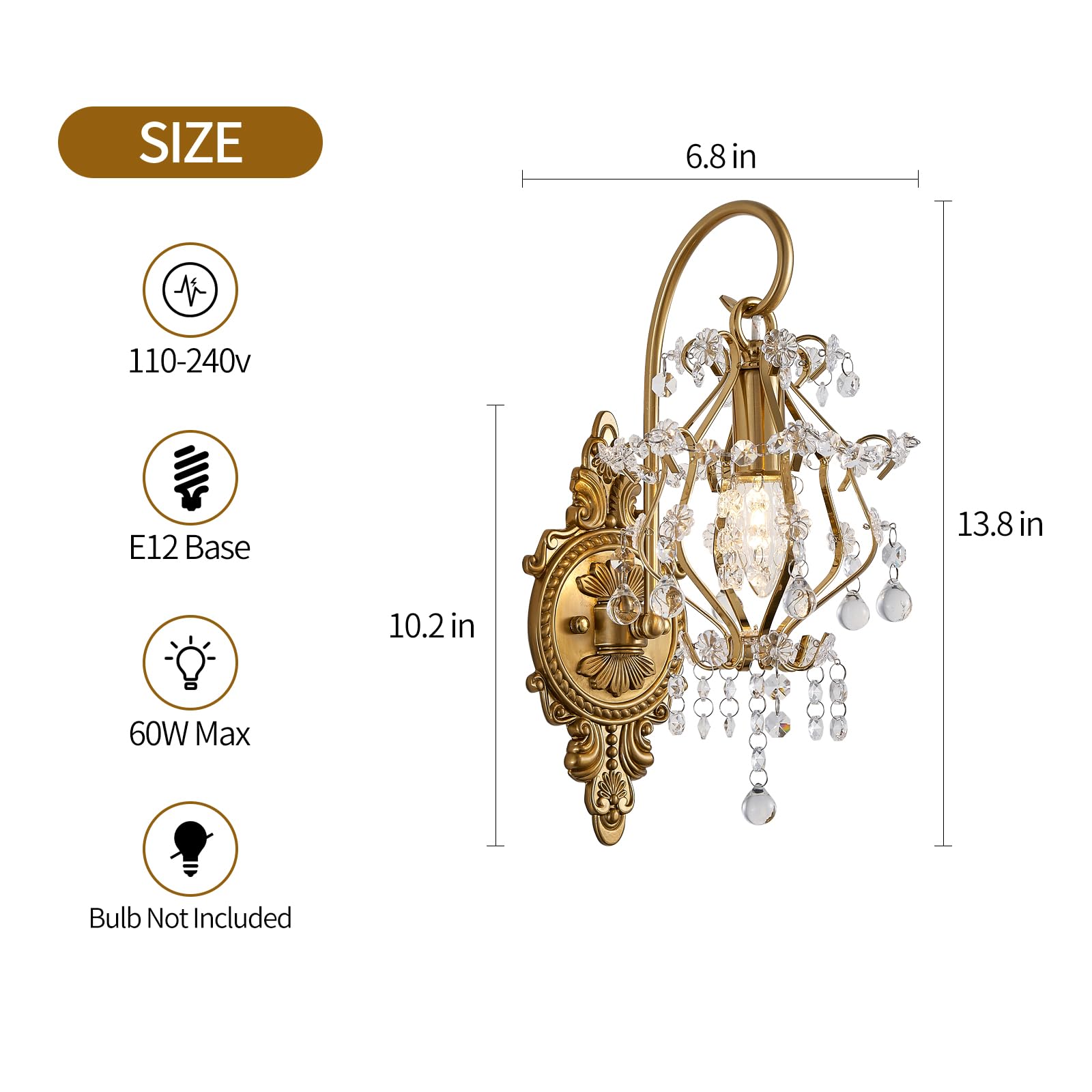 Fetason 2 Pack Vintage Gold Wall Sconces, Crystal Wall Light Fixture, E12 LED for Bedroom, Living Room, Bathroom - Model YY801