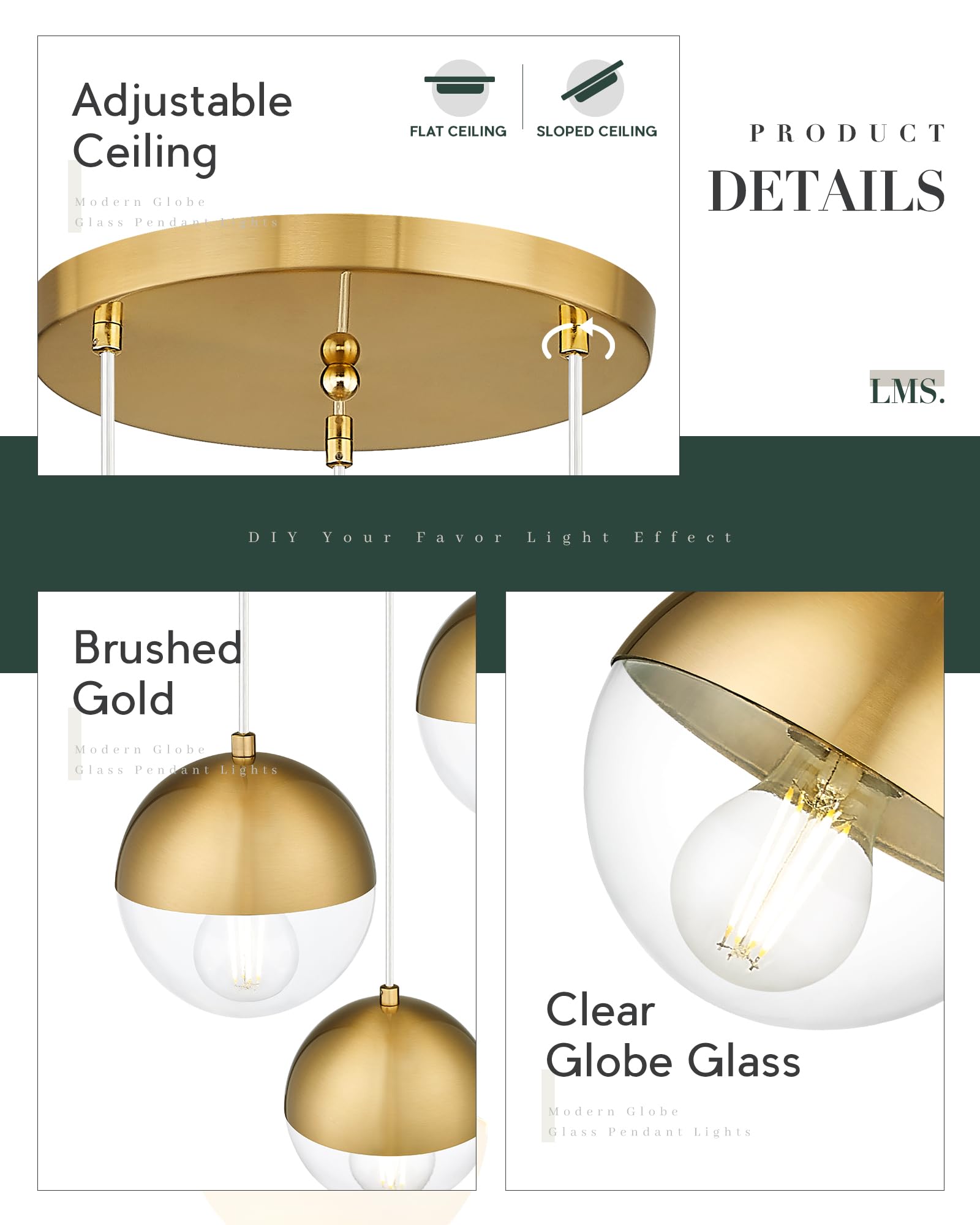 Lms Brushed Gold 3-Light Cluster Pendant Lights, Modern Kitchen Island Lighting With Clear Globe Glass Shade, Adjustable Hanging