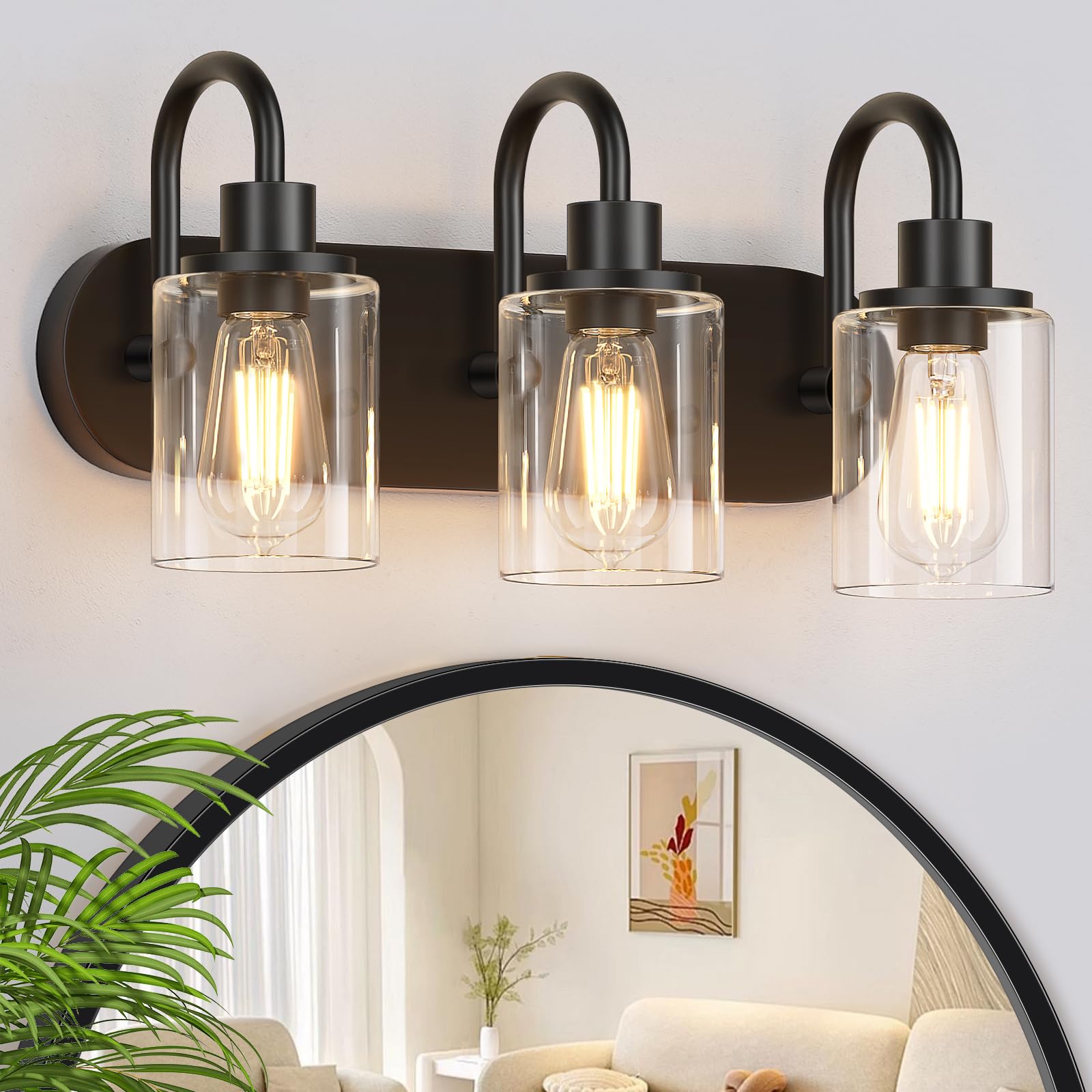 Baocuz 3-Light Bathroom Light Fixtures, Black Vanity Light Farmhouse Wall Sconces With Clear Glass Shade, Modern Bathroom Wall L