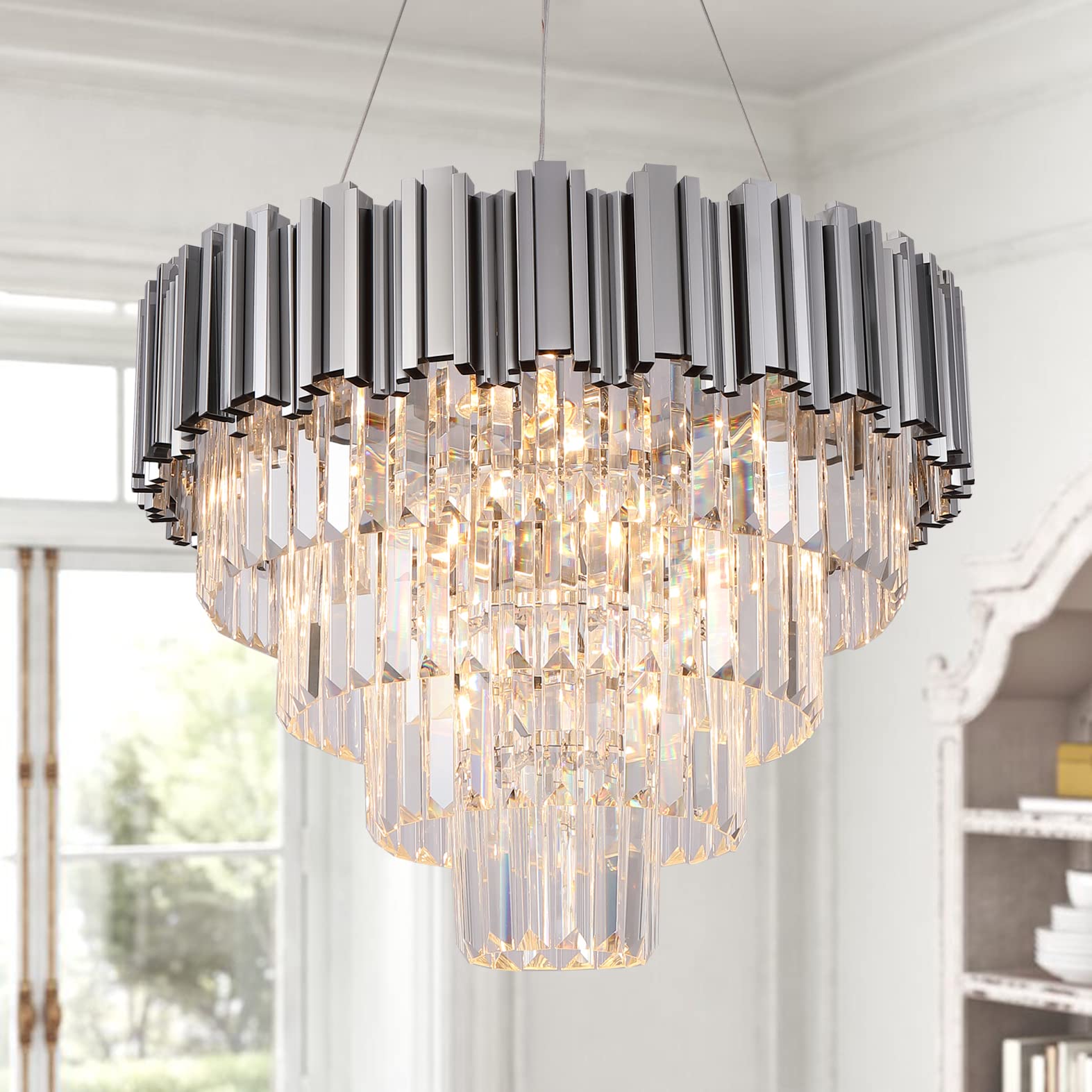 Akeelighting Chrome Crystal Chandelier  7 Lights 4-Tier Modern Elegant Chandelier Lighting Fixture for Dining Room  Entryway  Bedroom  Round 21.6