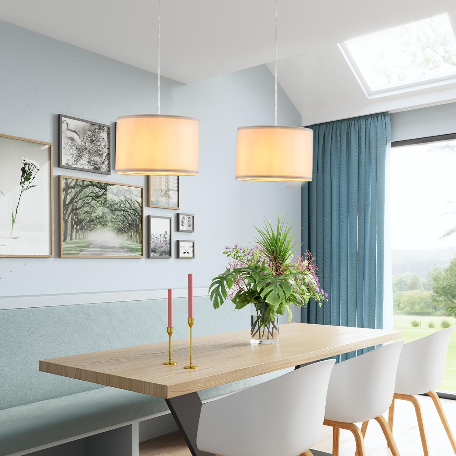 Ihengyanlt 2 Pack Plug In Pendant Light, Hanging Light With 15Ft Clear Cord, On/Off Switch, French Grey Fabric Lamp Shade, Hangi