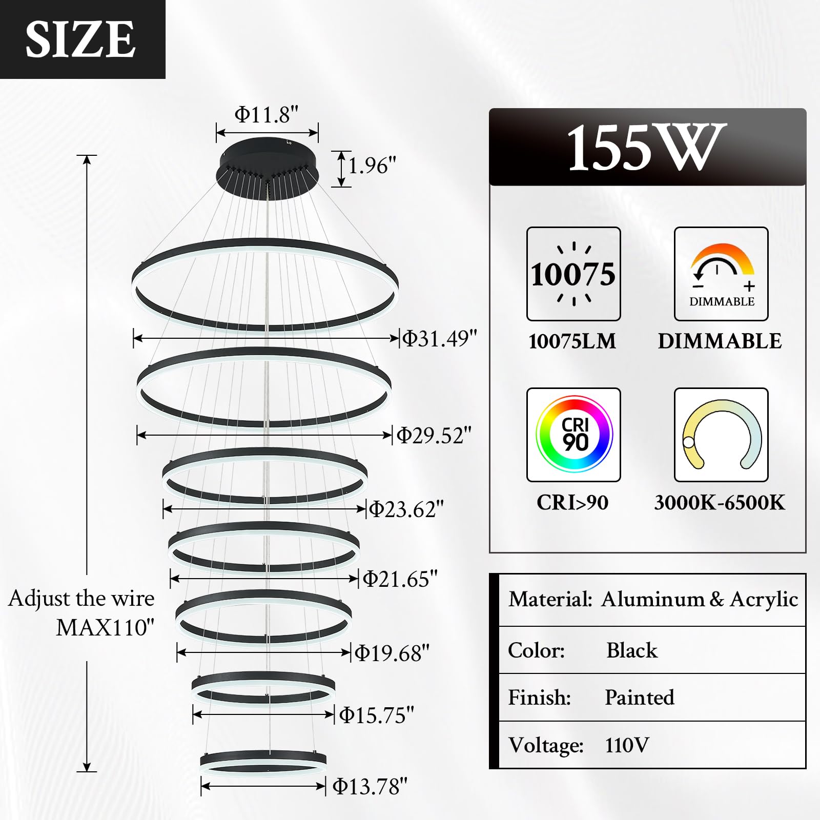 Sparklelf Modern LED Chandelier, 7 Rings 31.5in, Black, Dimmable, Remote Control, 3000K-6500K, Ideal for High Ceilings