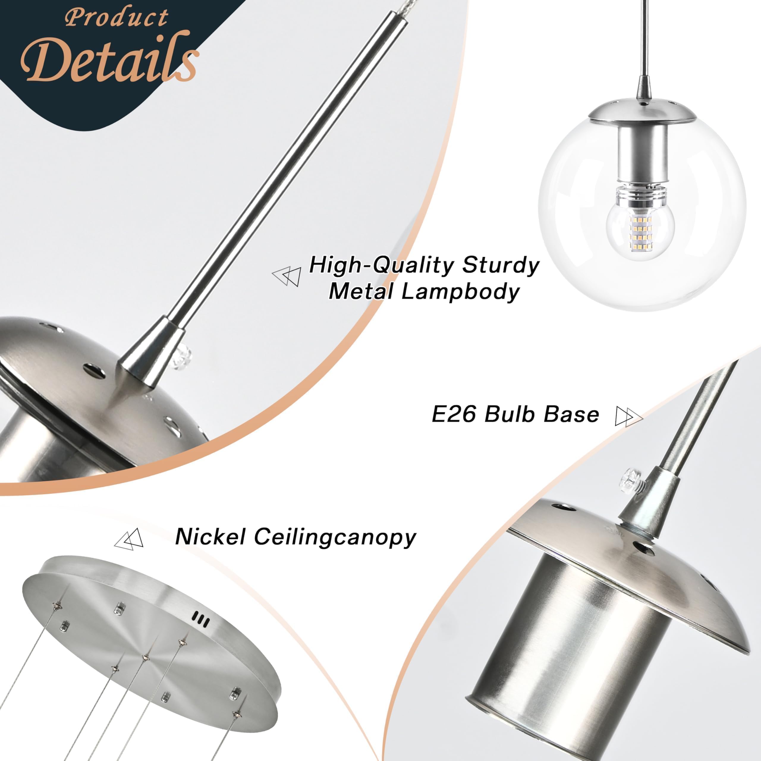 Koko&Yukina 5-Light Globe Glass Pendant Light Adjustable Length Pendant Lights Modern Nickel Clear Globe Glass Chandelier High C