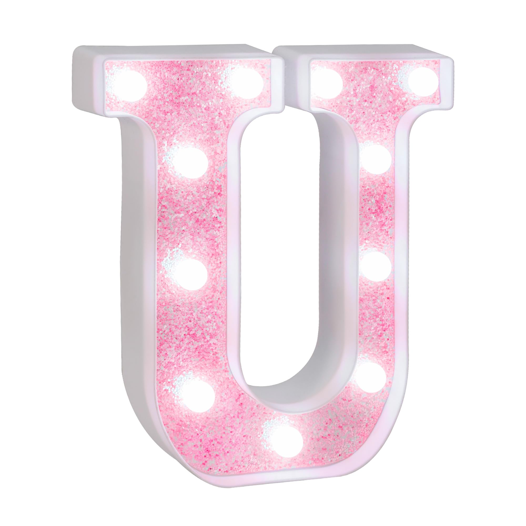 eufony LED Marquee Light Letter U, Glitter Pink, Battery-Powered, Cool White Lights, Wall & Table Decor