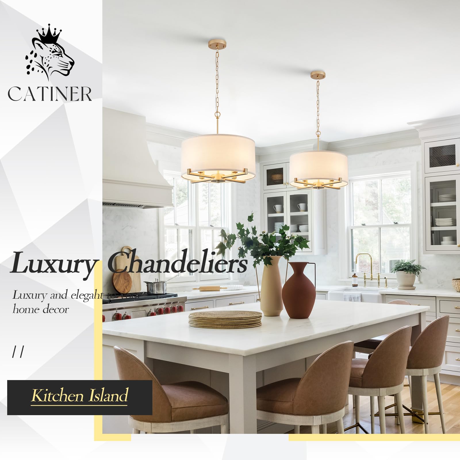 CATINER Modern Drum Chandelier, 18” White & Gold Pendant Light, 4 Lights, Fabric Shade, Semi Flush Mount for Dining Room & Bedroom