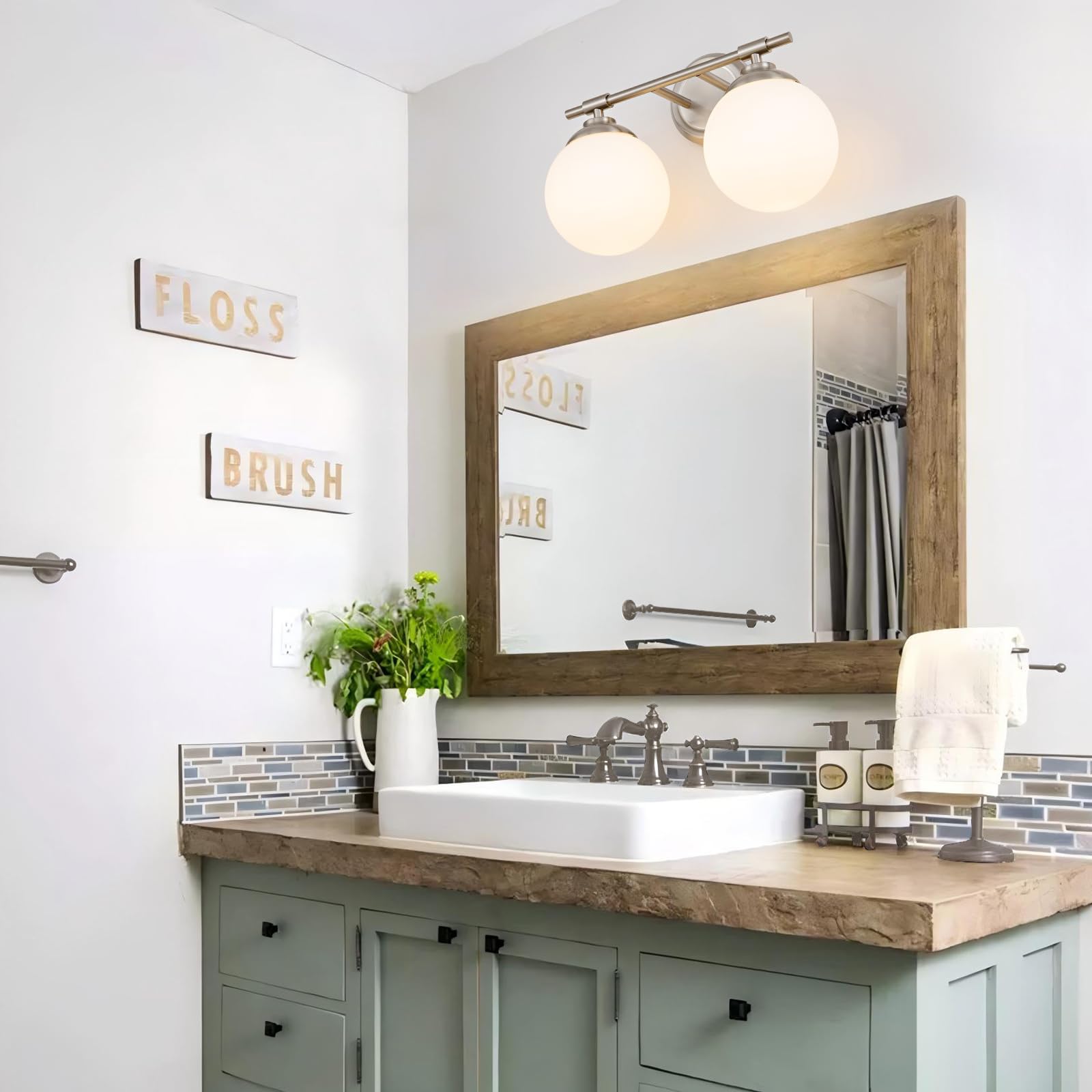 Rayogale Sand Nickel Bathroom Light Fixtures, 2 Light Vanity Lights Over Mirror, Mid Century Vanity Lights For Bathroom, Milk Wh