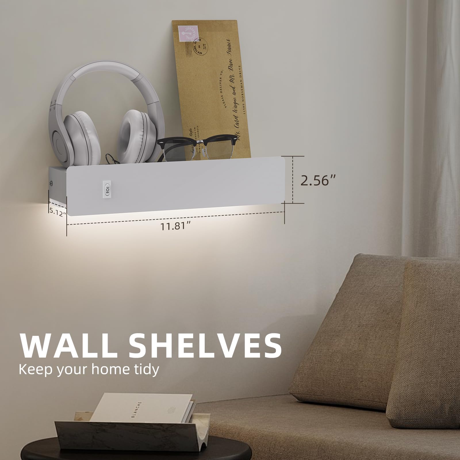 HYMELA M12 White Wall Sconces with Shelf, Metal, Motion Sensor, USB Port, Hardwired/Plug-in, Modern Design for Living Room/Bedroom