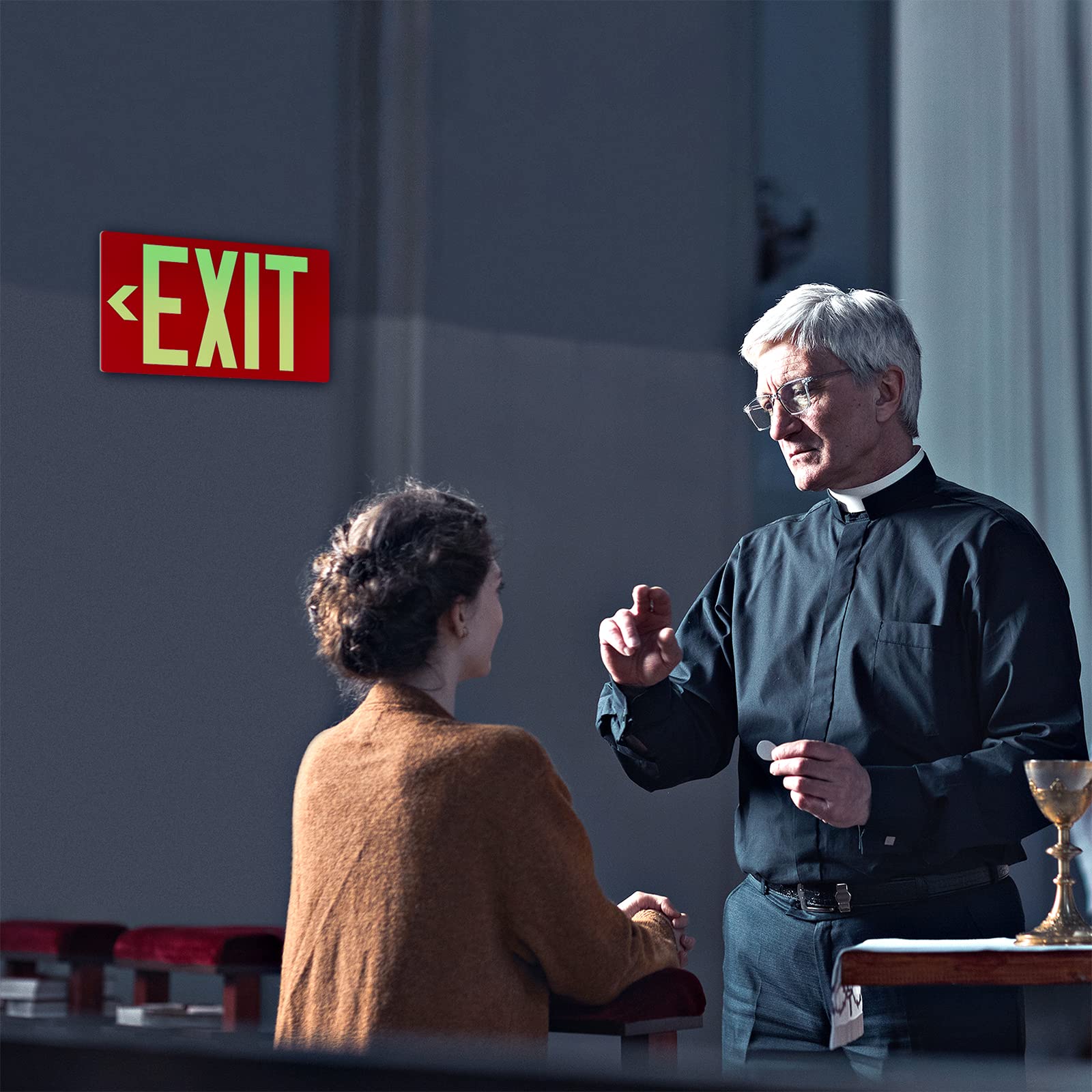 Photoluminescent Exit Sign Aluminum - Adhesive Backing Glow In The Dark - Removable Arrows Included - 12X7 Inches - Non Electrical Red Exit Light For 50 Feet Visibility (1 Pack)