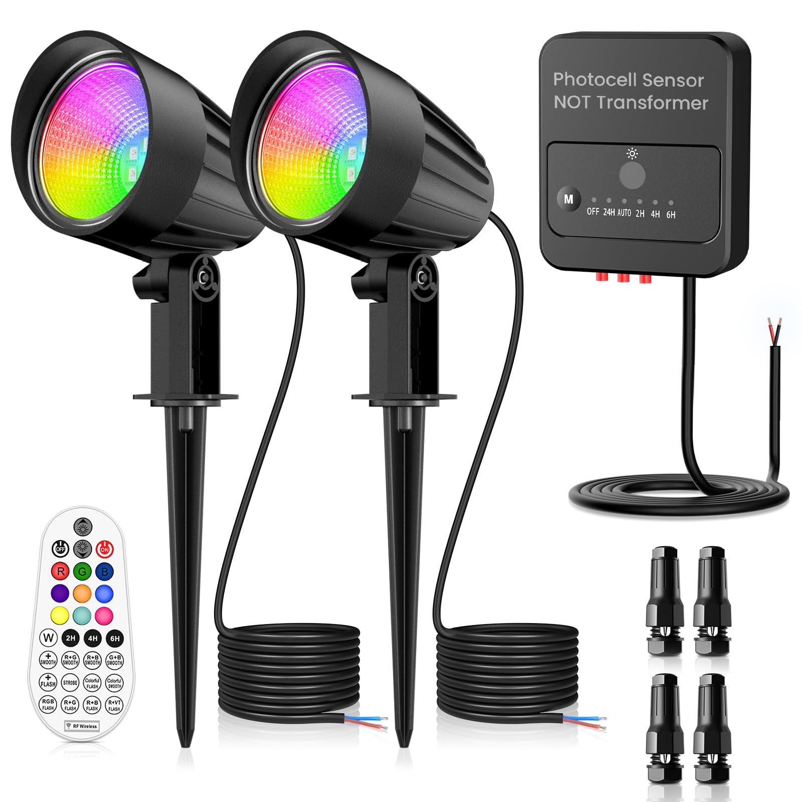 ZZXX Low Voltage Landscape Lighting Kit, RGBW Color Changing, 15W, 12V-24V, IP66 Waterproof, Black, Model DSTA15, 2 Pack