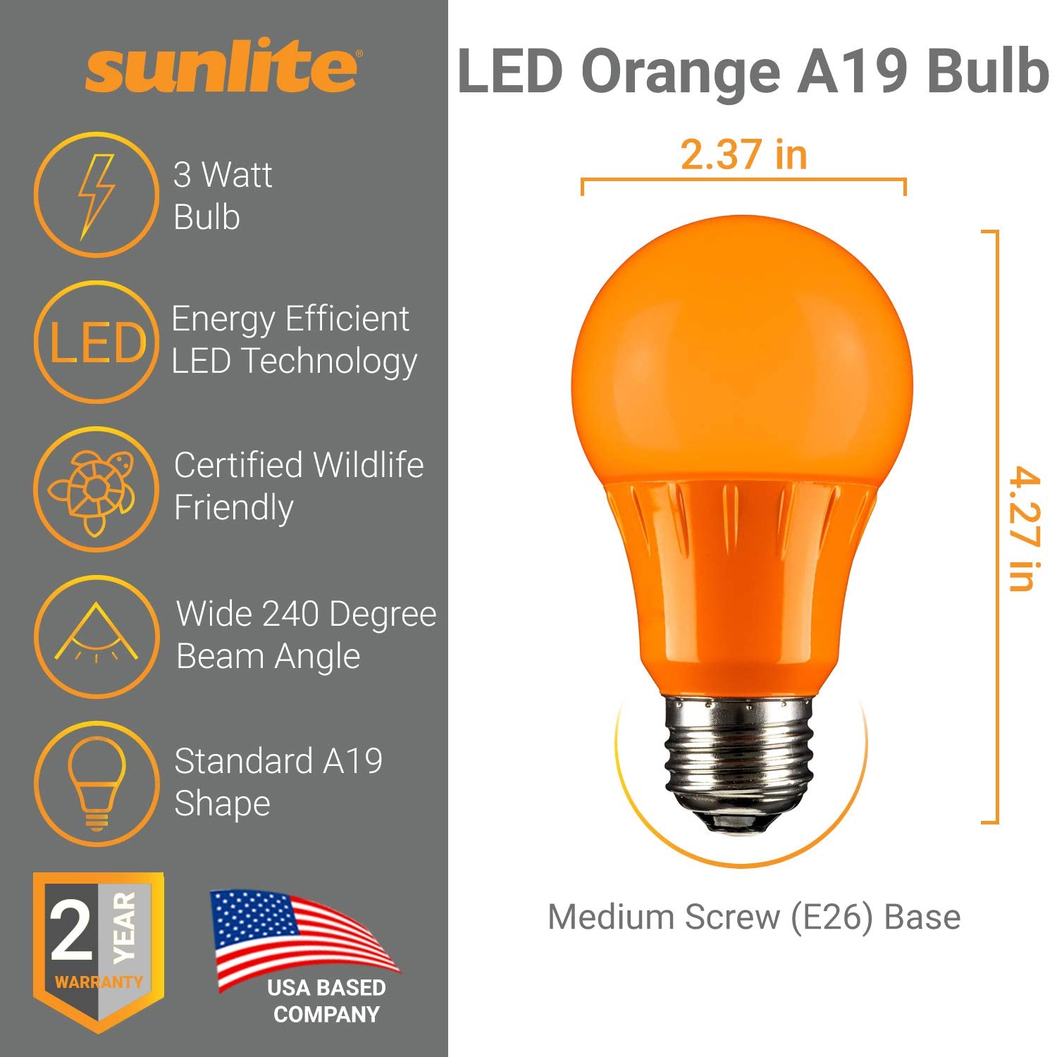 Sunlite LED A19 Colored Light Bulb, 3W (25W Equivalent), E26, Non-Dimmable, UL Listed, 3 Count, Orange