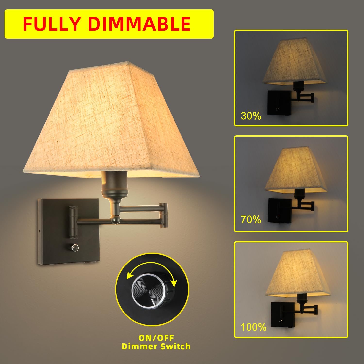 13'' Modern Swing Arm Wall Lamp Plug In Wall Sconce With Usb And Type-C Port Wall Mounted Lamp With Dimmable Switch Black Wall S