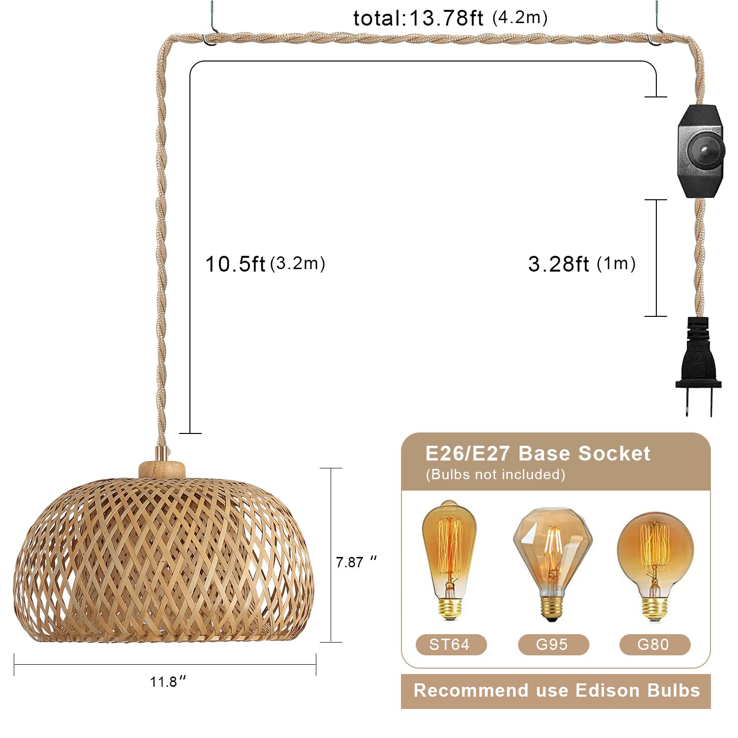 Hchunqjor Bamboo Plug-In Pendant Light, 14Ft Cord, Dimmable, Boho Basket Lamp For Home Decor