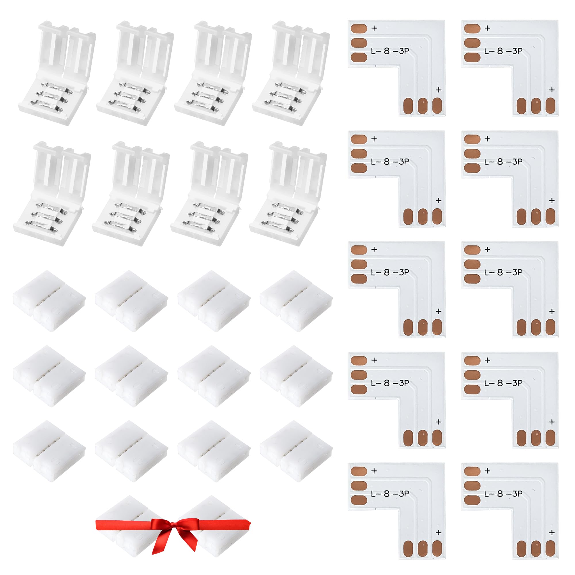 JACKYLED 8mm 3-Pin LED Connectors for LED Strip Lights, Total 22Pcs Corner Connectors Kit for Unwired Gapless Solderless Adapter