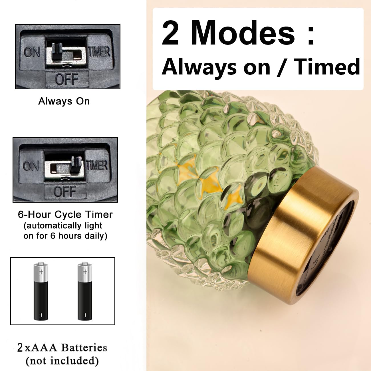 Cycodo Small Table Lamp, Cordless LED Bulb, Timer, Green, Model TD2-G, 1 Pack, Battery Operated for Bedroom, Bathroom, Kitchen, Living Room