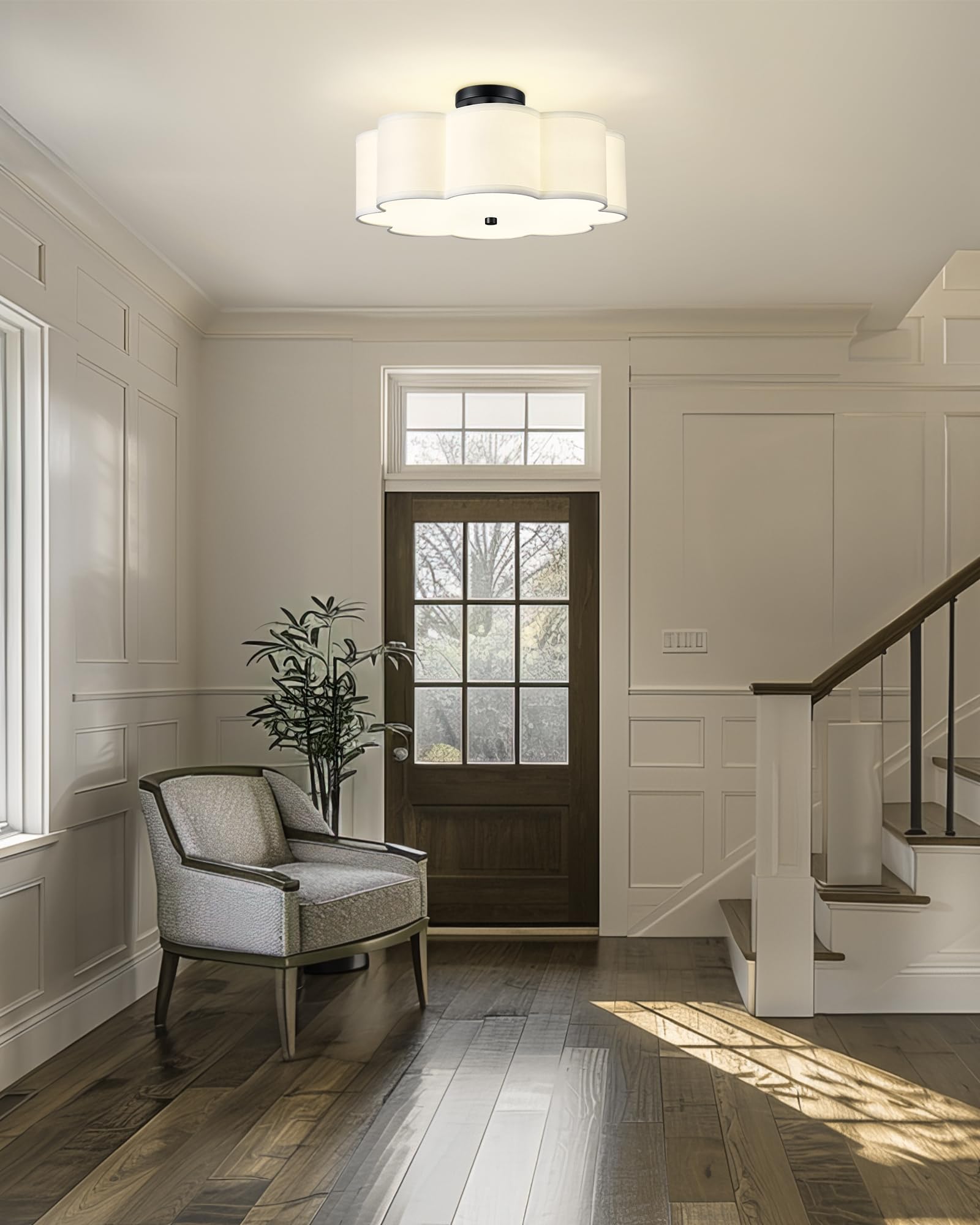 Audickic Black Semi Flush Mount Ceiling Light, 4-Light 18'' Ceiling Light Fixtures With Fabric Drum Shade In Flower Shape, Farmh