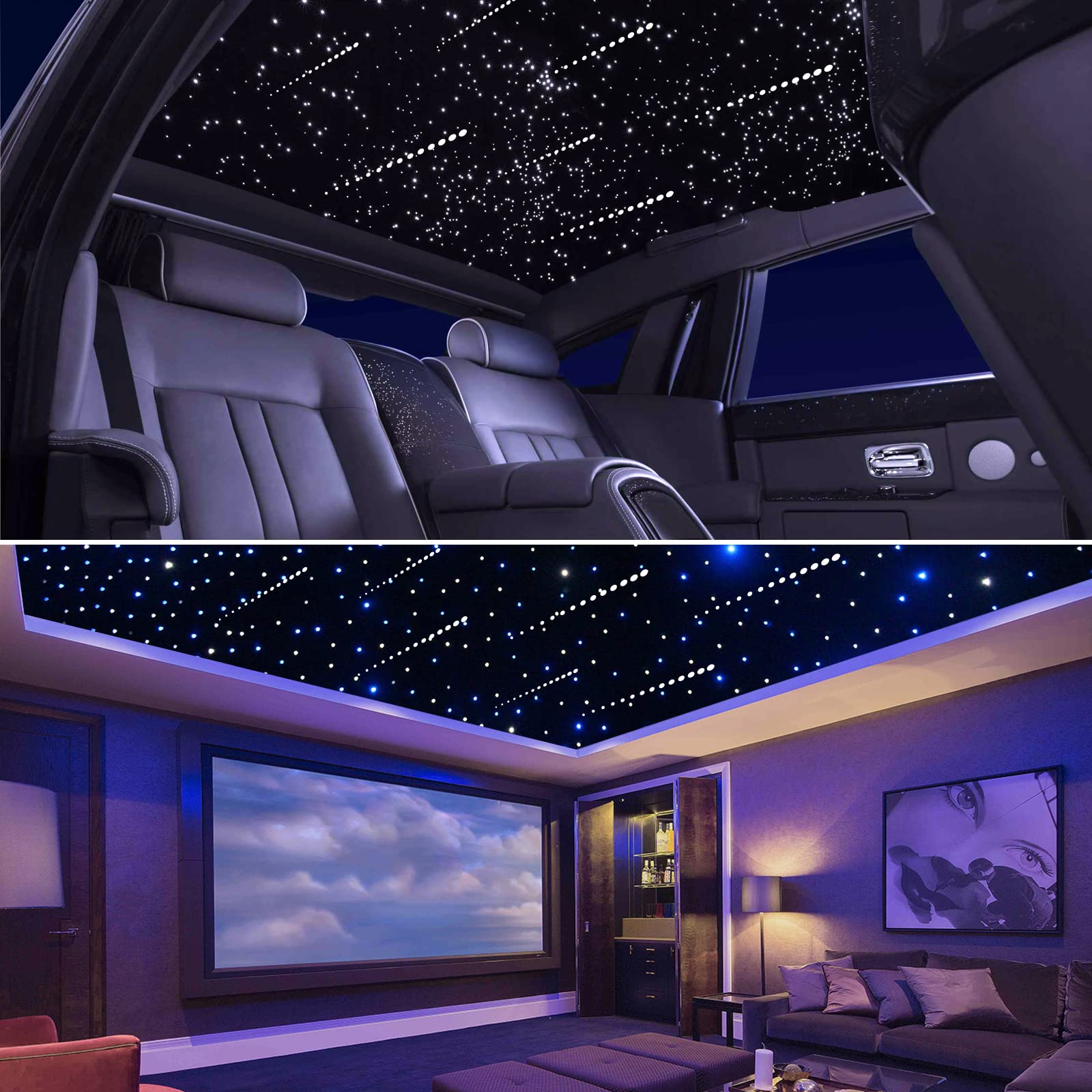 Sunkenet Led Fiber Optic Lights, 16W Meteor Twinkle, Bluetooth App/Remote Control Star Ceiling Light Kit, 500Pcs, 0.03+0.04+0.06