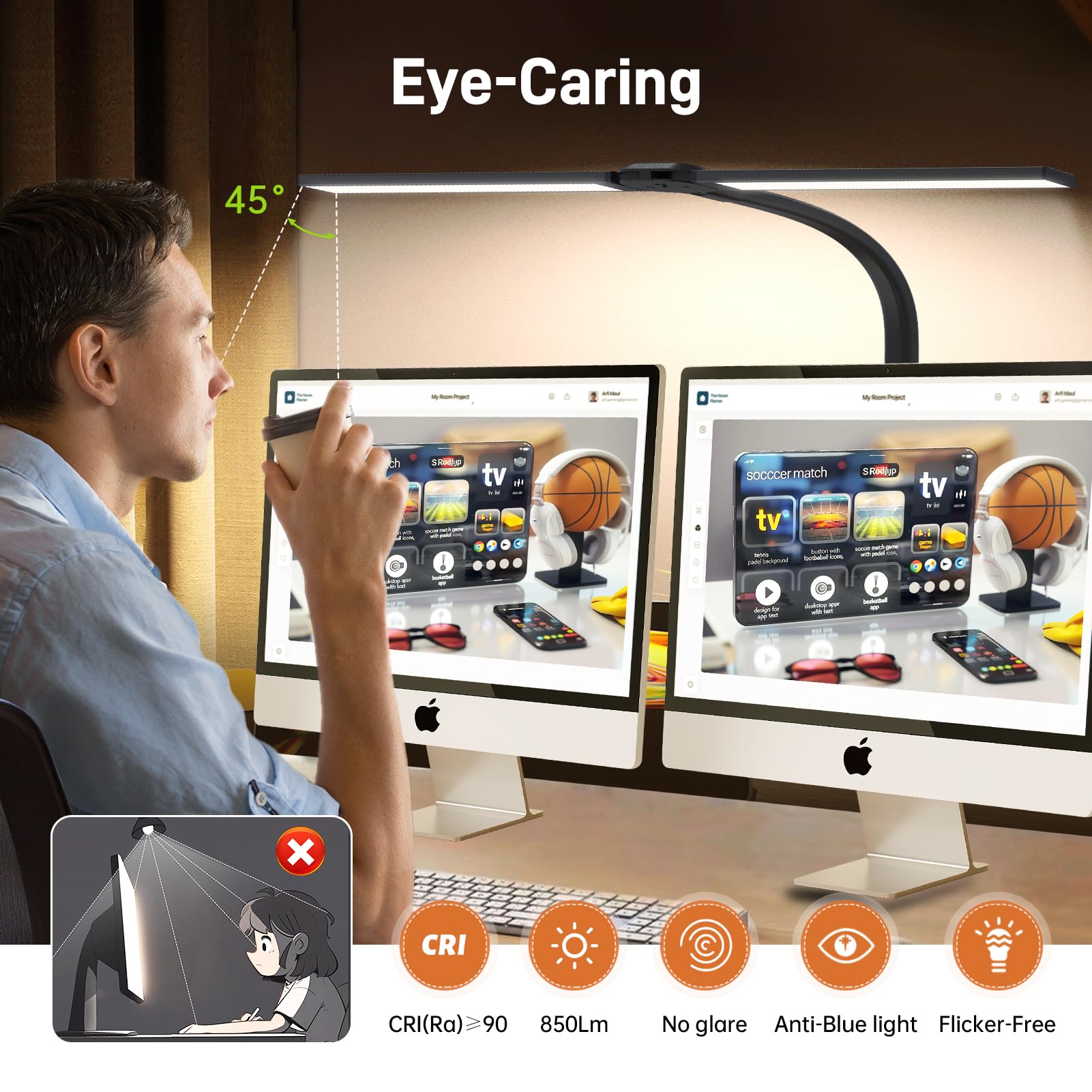 Led Desk Lamp For Home Office, Eye-Caring Desk Light With Clamp, 24W Double Head Architect Task Lamp Stepless Dimming, Flexible