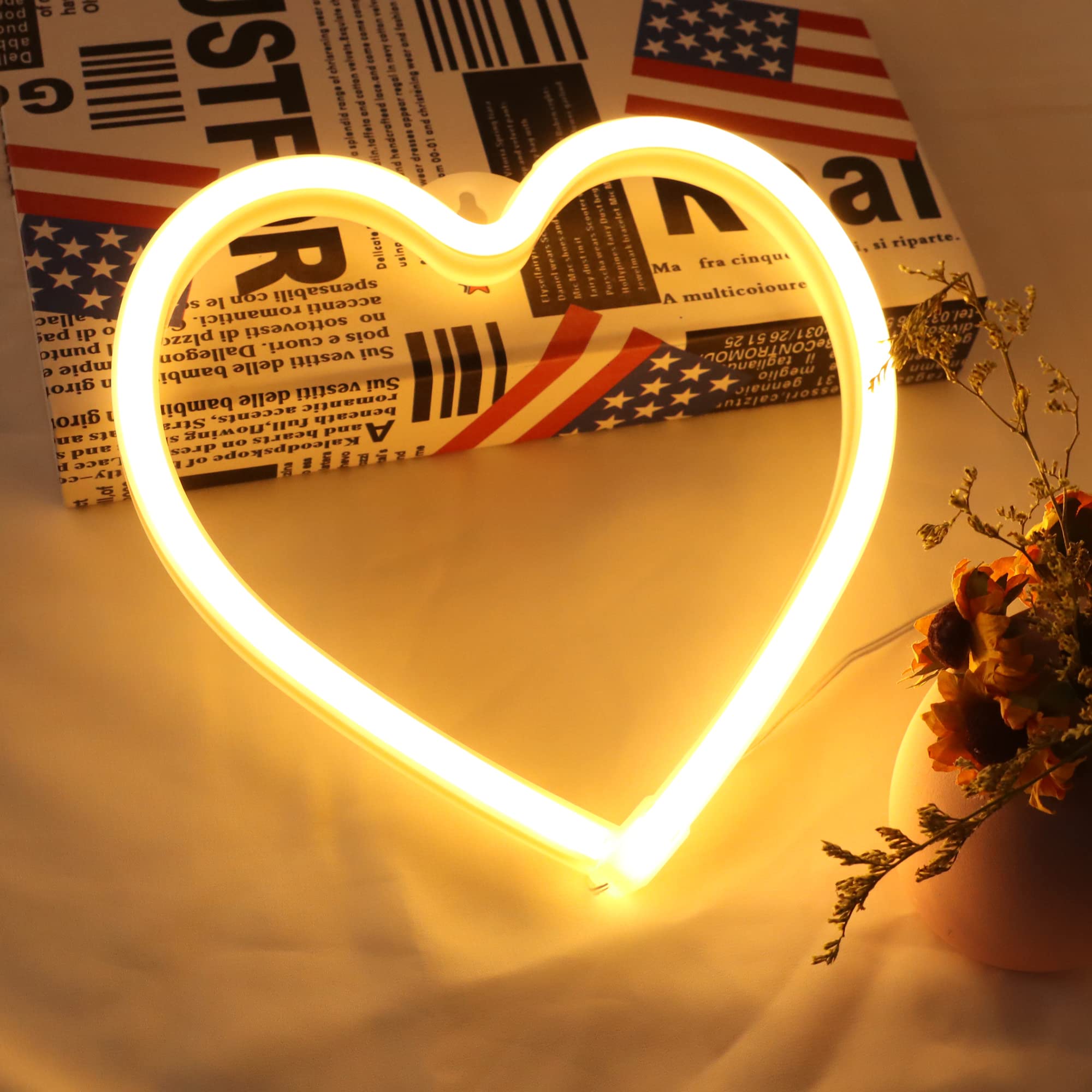 Love Heart Neon Sign Light,LED Neon Lamp with Warm Yellow Light Color Powered by USB Cable Sign Neon Night Light for Room Wall H