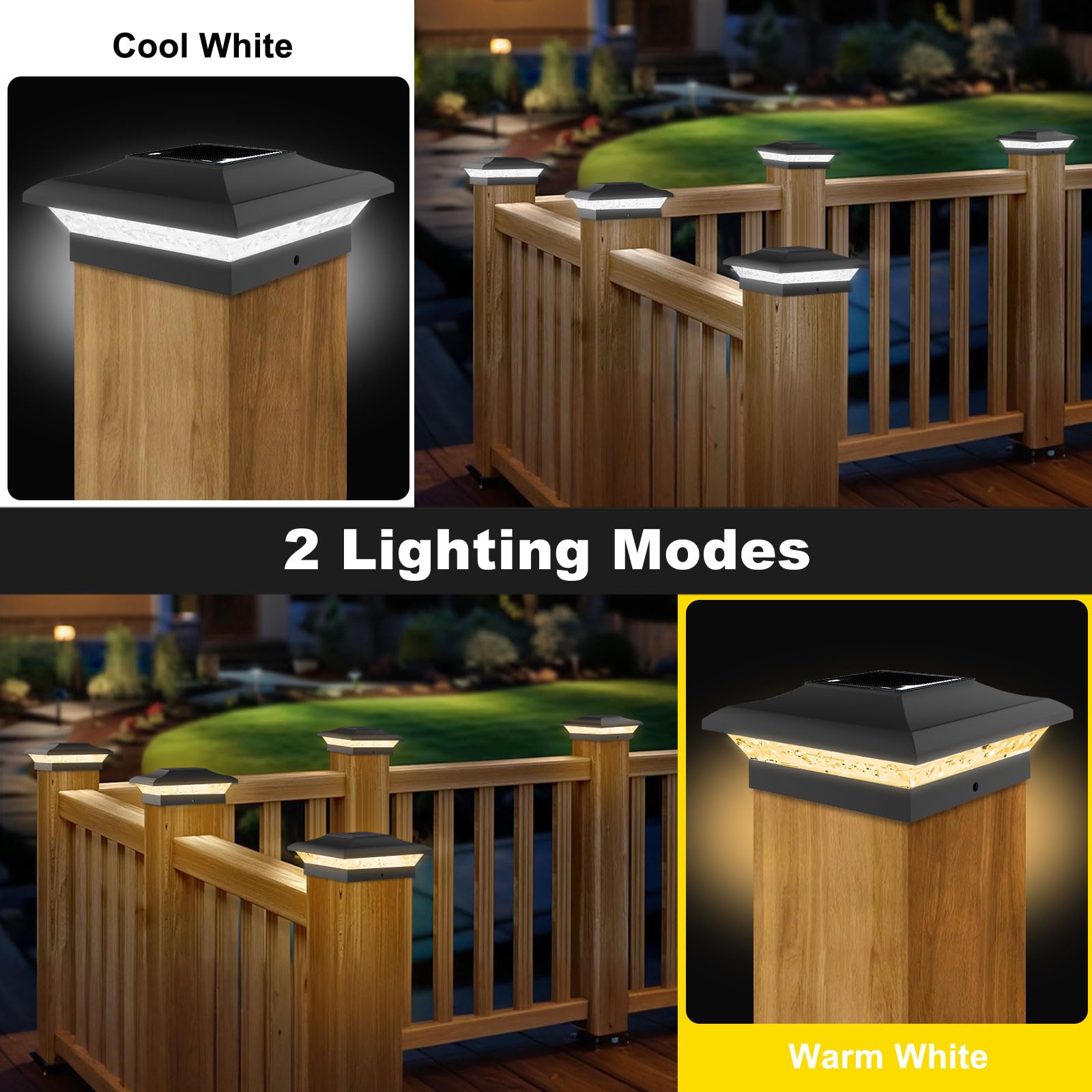 T-Sun 4X4 Fence Post Solar Lights Outdoor Waterproof - Auto Dusk To Dawn Solar Lighting For Deck  Vinyl/Wooden Posts | 12 Pack Weatherproof Warm & Cool White Patio Lights (Black)