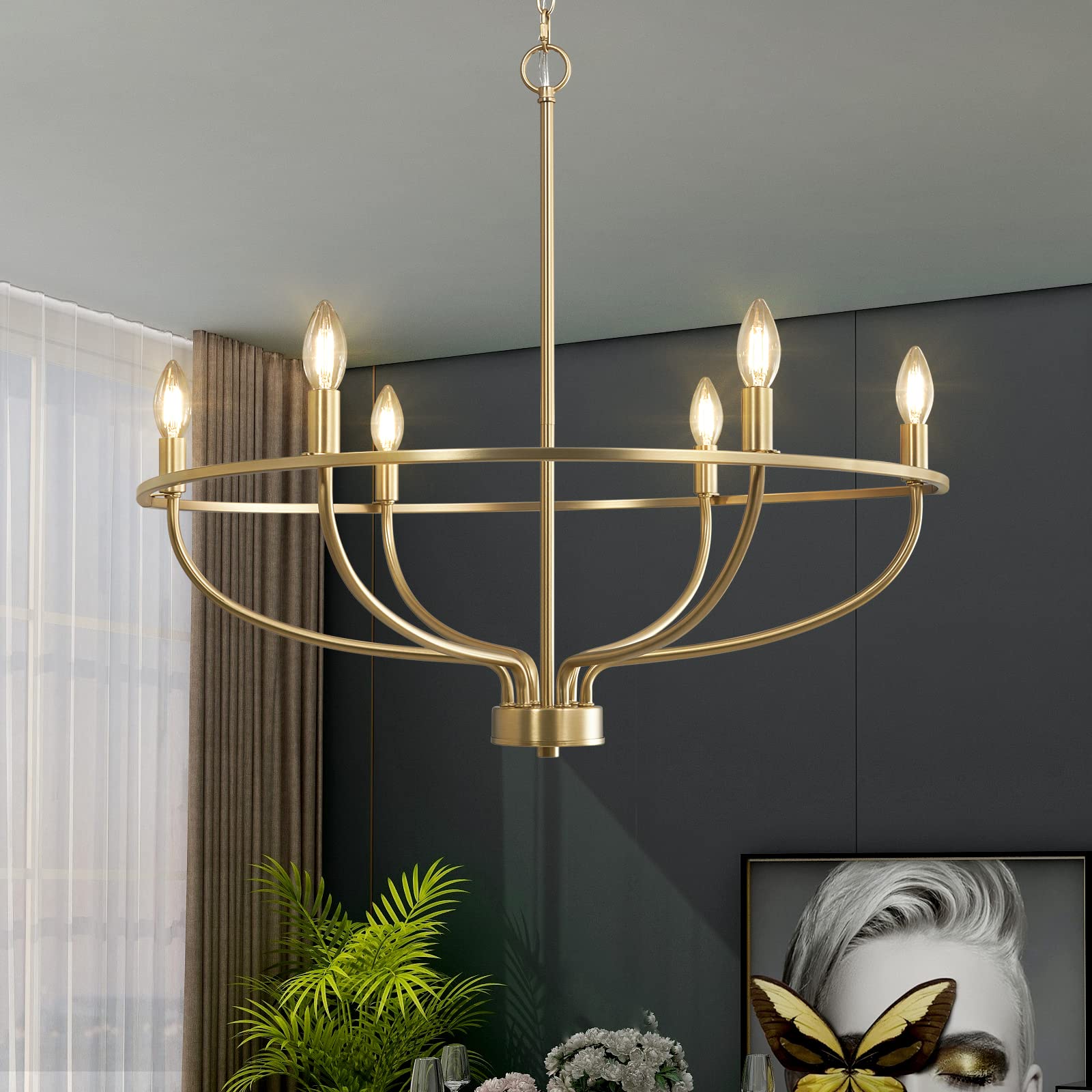 Fookchak 6 Light Gold Chandelier, Brushed Gold Light Fixture Dining Table Candle Brass Chandelier Lighting For Bedroom Hallway E