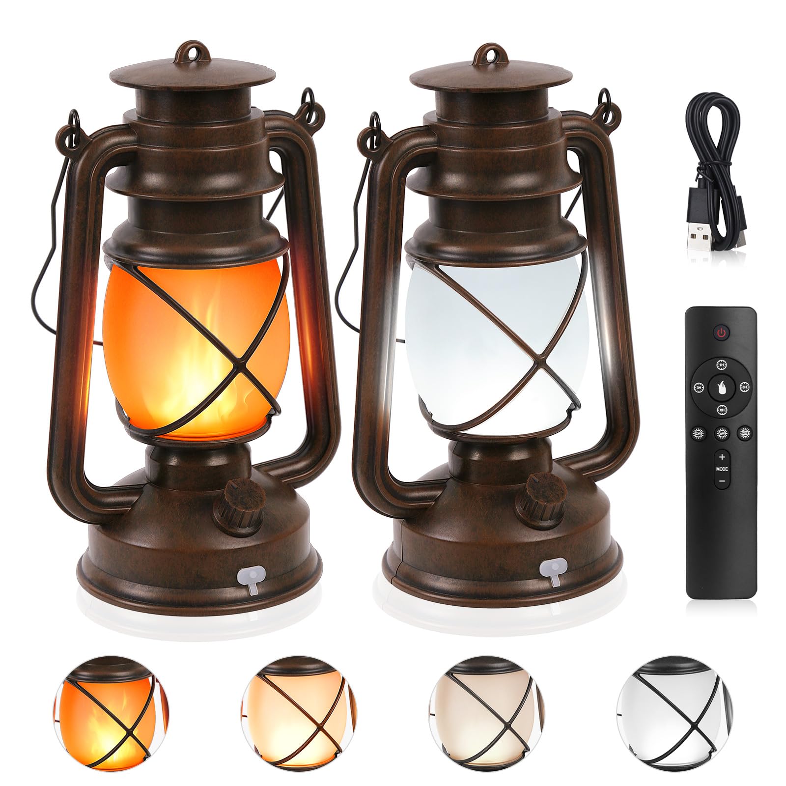 Richday Hanging Waterproof Outdoor Lanterns, Vintage Rechargeable LED with Remote Control, 2pcs, Brown, Rechargeable-Flame Lamp