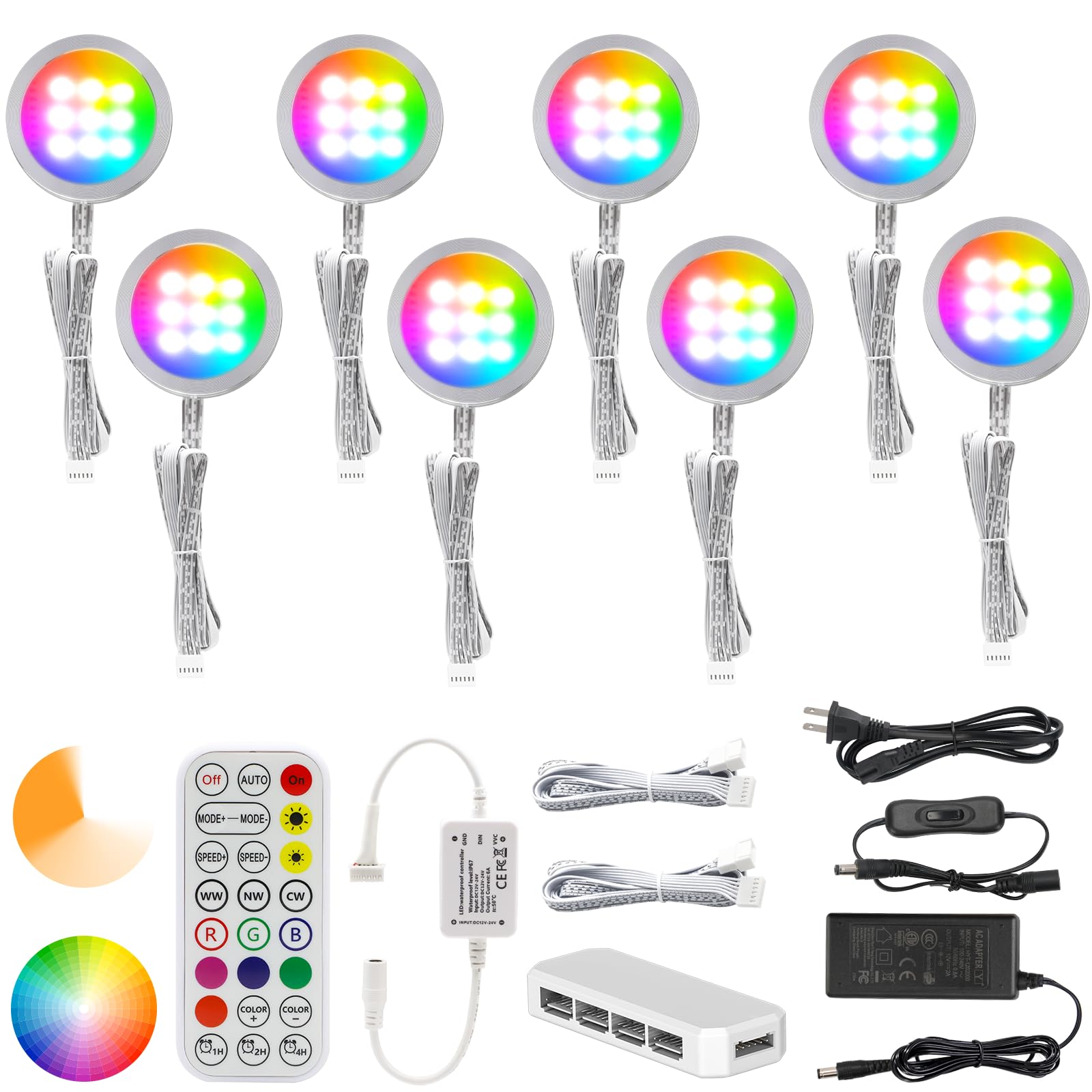 AIBOO Under Cabinet Lighting Kit  8 Pack Dimmable RGB and CCT LED Puck Lights with Timer Function  Wireless Remote Control  Linkable Design  Ideal for Kitchen  Living Room  and Display Shelves