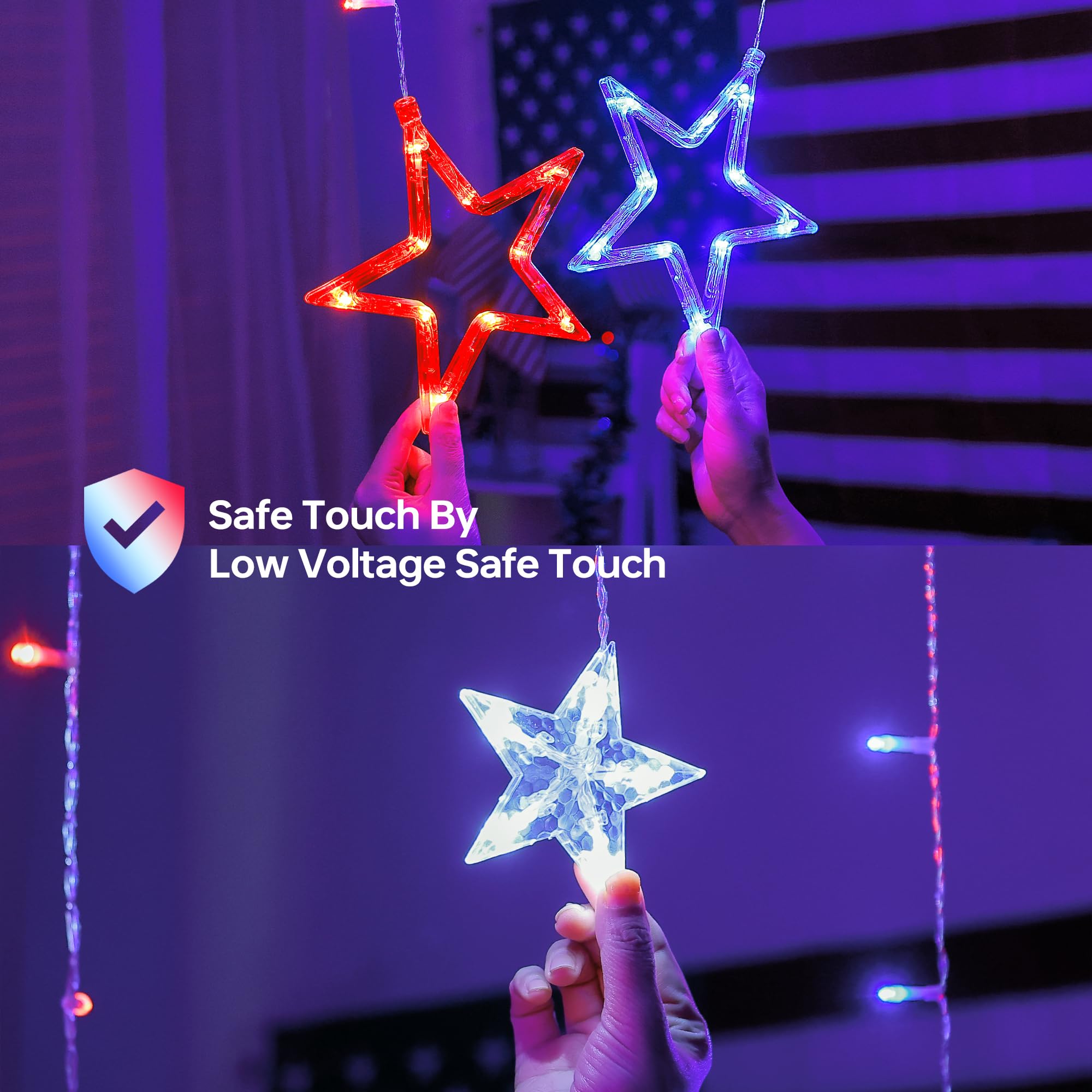 MYGOTO Patriotic Star Icicle Lights, 126LED, 8.2ft, Waterproof, 8 Modes, Red White Blue, Independence Day Decorations