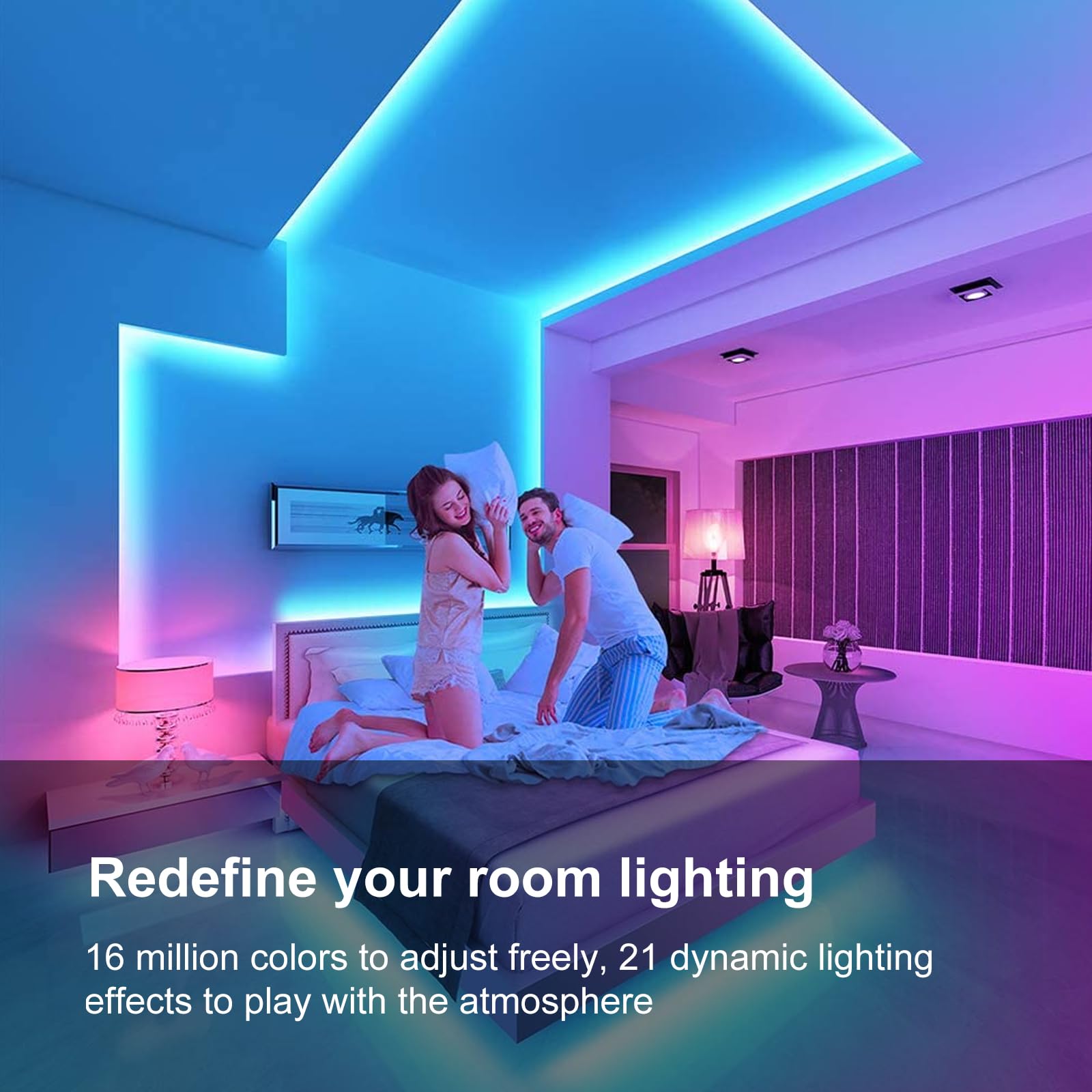 FBY 50 FT LED Strip Lights, Multicolor RGB, Bluetooth Remote Control, Music Sync, for Bedroom and Party Decoration