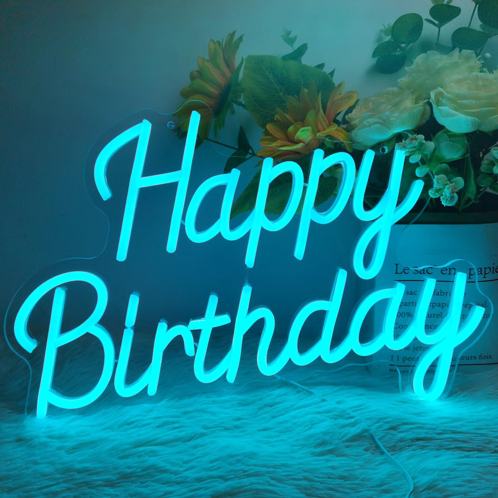 EMANNON Neon Happy Birthday Sign - Dimmable LED Light, USB Powered, Ice Blue, 17x12 Inch, Acrylic Party Decoration