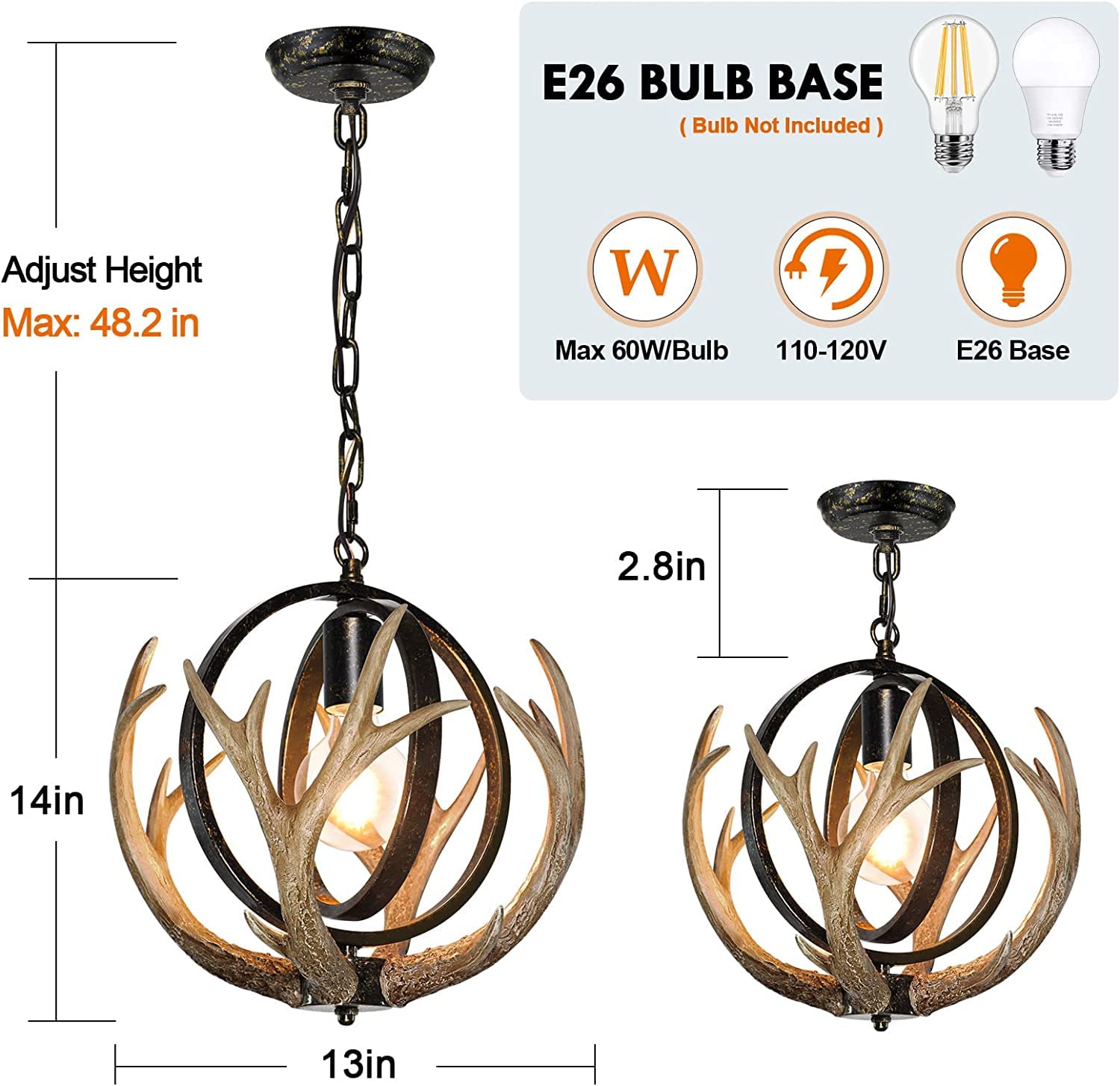 Debemenes Rustic Antler Chandelier, 14" Farmhouse Chandelier With Resin 4 Antlers And Retro Metal Globe Chandelier Vintage Style For Dining Room, Kitchen, Hallway, Pendant Lights