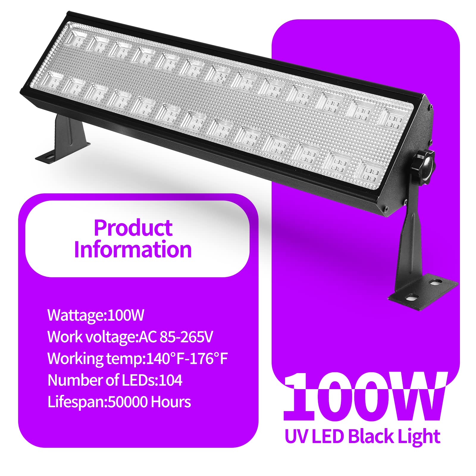 PIZHLO 100W Black Light Bar, Aluminum LED Flood Light for Neon Glow Party, 385-400nm, Black, 1 Piece