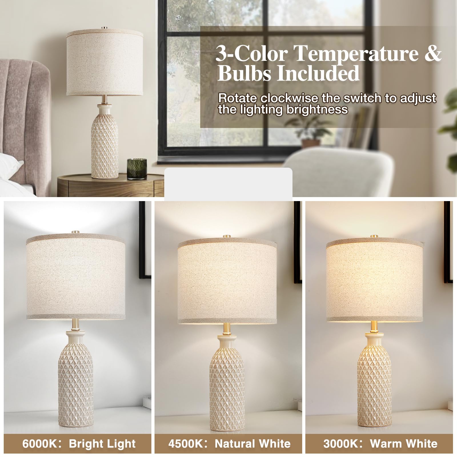 Luvkczc Ceramic Table Lamps Set Of 2, Farmhouse 24.8'' Bedside Lamps With 3-Color Temperature, Modern Nightstand Lamp Desk Readi