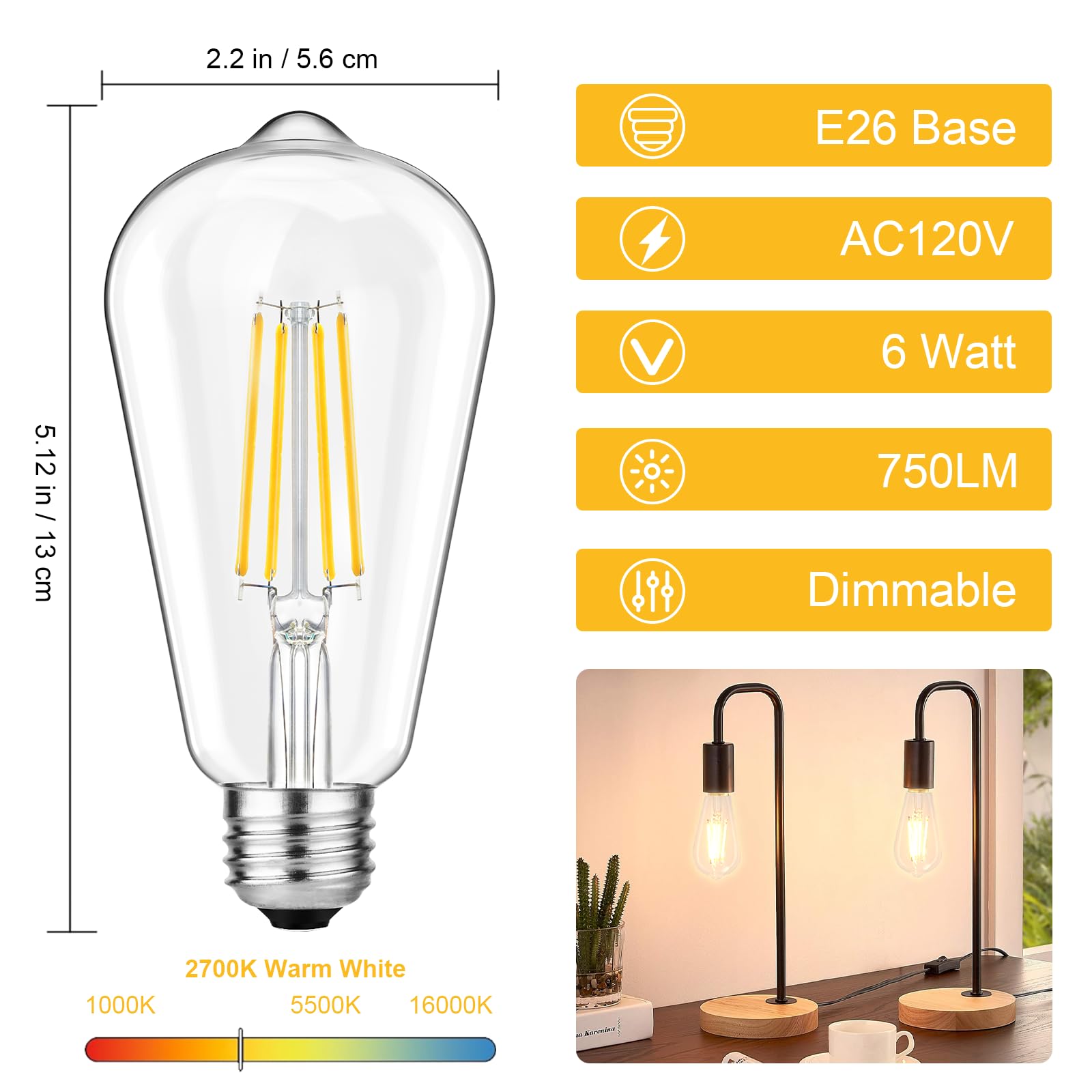 Svater 4-Pack Vintage Led Edison Bulbs 60W Equivalent, 6W St58 2700K Warm White Antique Led Filament Bulbs, E26 Medium Base, Cle