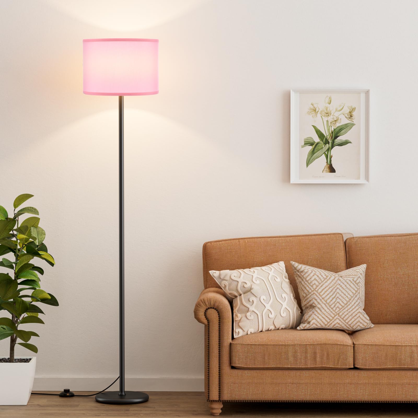 Ambimall 60'' Modern Floor Lamp with Shade, Tall Lamps for Living Room, Bedroom, Office, Dining Room, Pink Shade with Black Pole