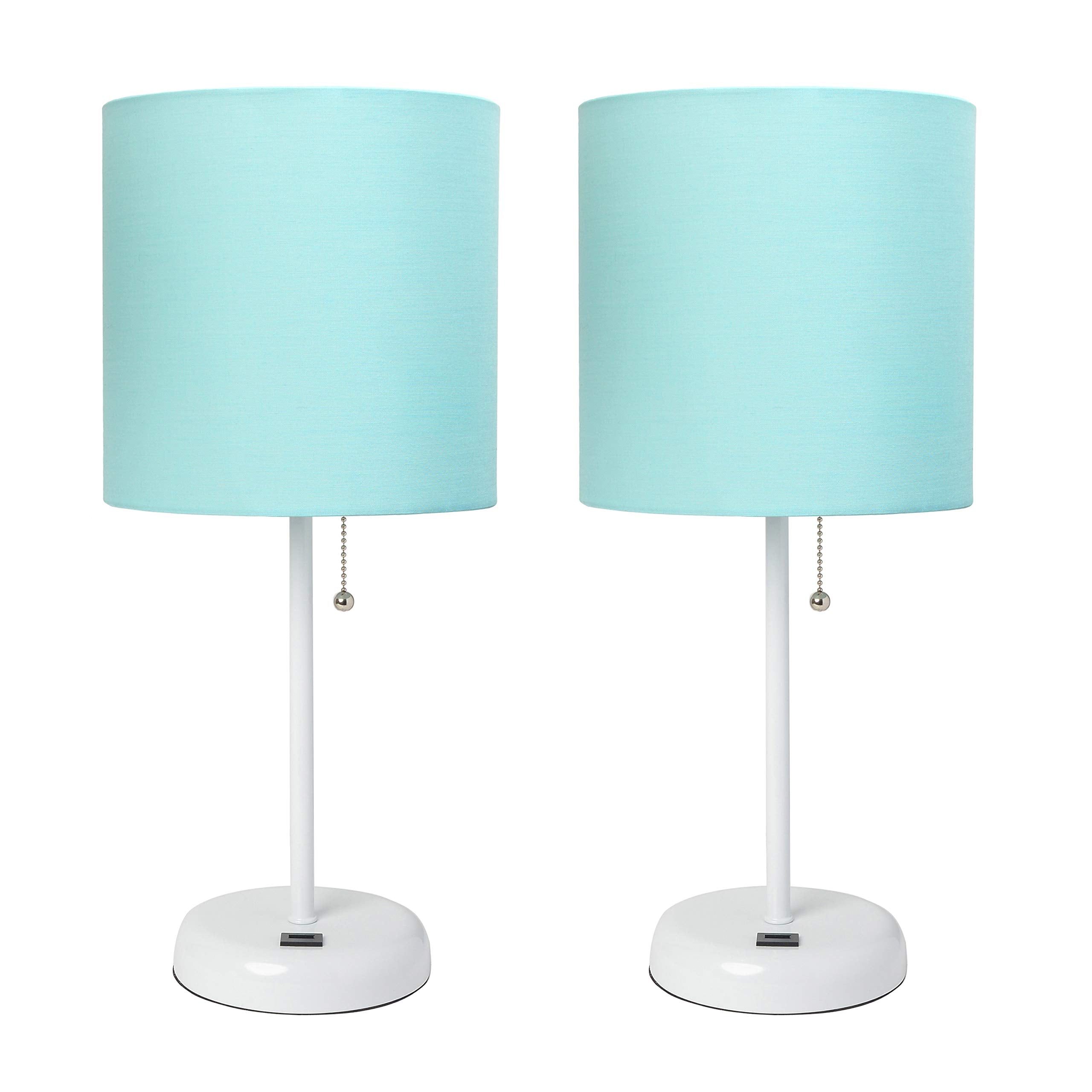 Simple Designs Lc2002-Aow-2Pk White Stick Table Lamp Set With Usb Charging Port And Aqua Fabric Shades, 2 Pack Set