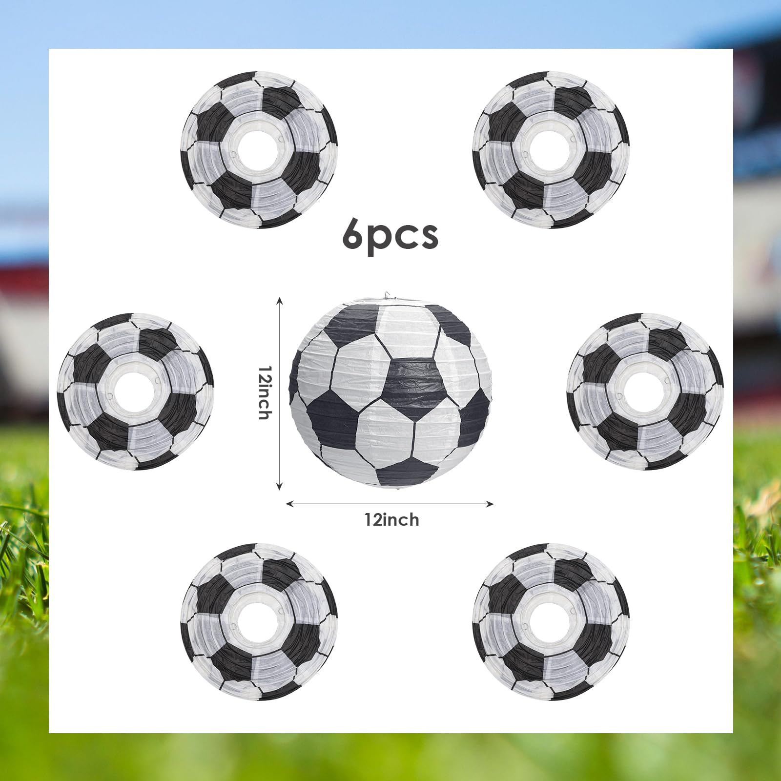 Uniqooo 6Pcs Soccer Ball Football Sports Paper Lantern Set, 12 Inch Extra Large, Ceiling Hanging Japanese Lantern Decoration, For Home Bar Fifa World Cup Fan Game Day Birthday Party Favor Garland