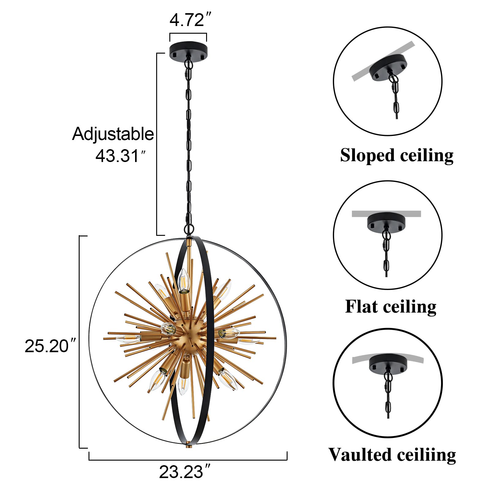 Tacdandm 23.2'' Black Gold 12-Light Globe Sputnik Chandelier Modern Industrial Adjustable Hanging Ceiling Firework Pendant Light Fixture For Entryway Foyer Bedroom Dining Living Room Hallway